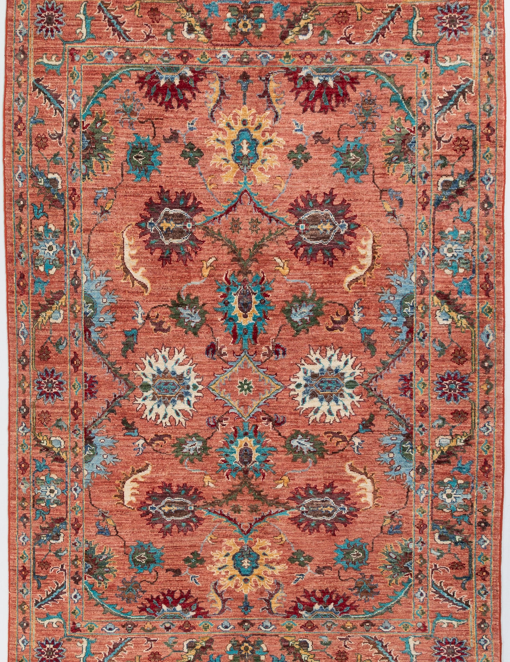 Afghan Sultani Rug in rust and teal — full rug view