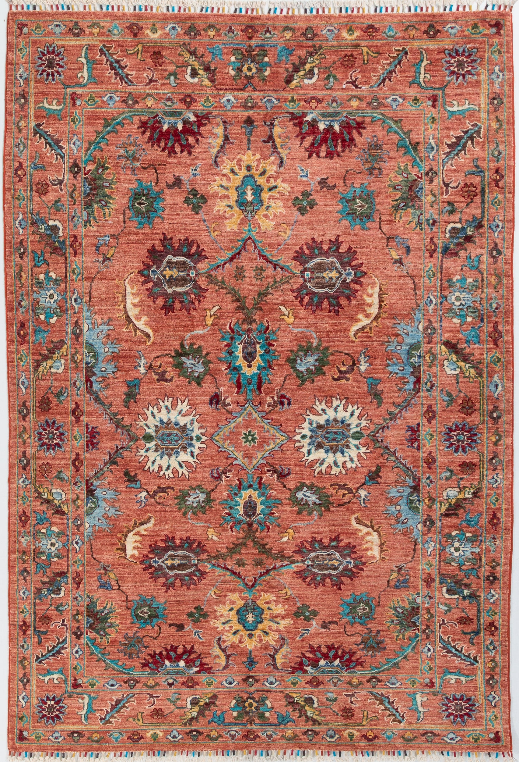Afghan Sultani Rug in rust and teal — full rug view