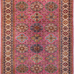 Afghan Super Kazak Rug in rose, navy and gold — full rug view