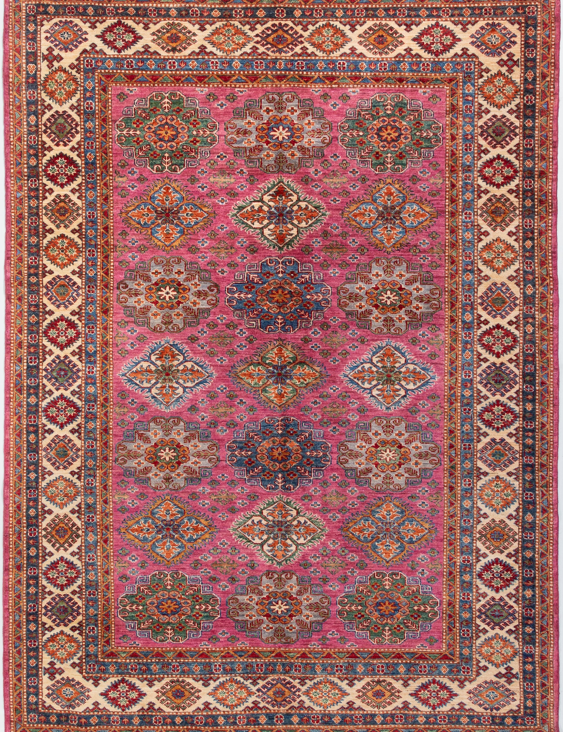 Afghan Super Kazak Rug in rose, navy and gold — full rug view