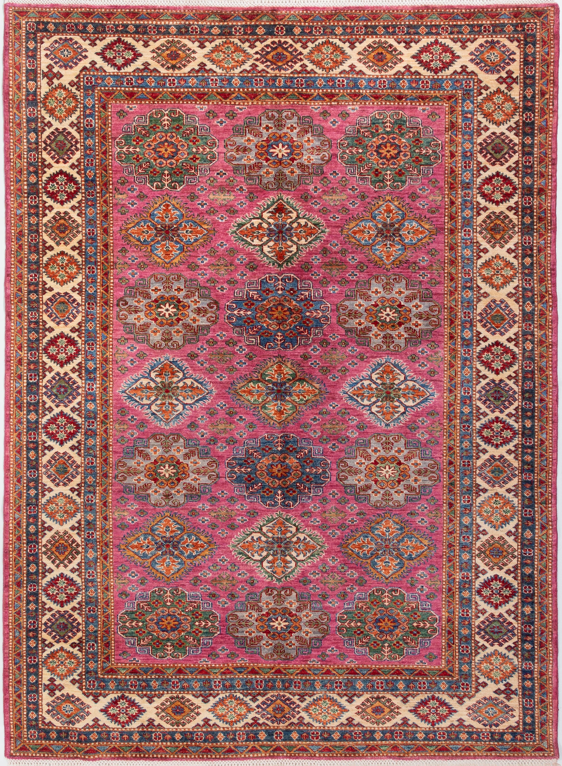 Afghan Super Kazak Rug in rose, navy and gold — full rug view