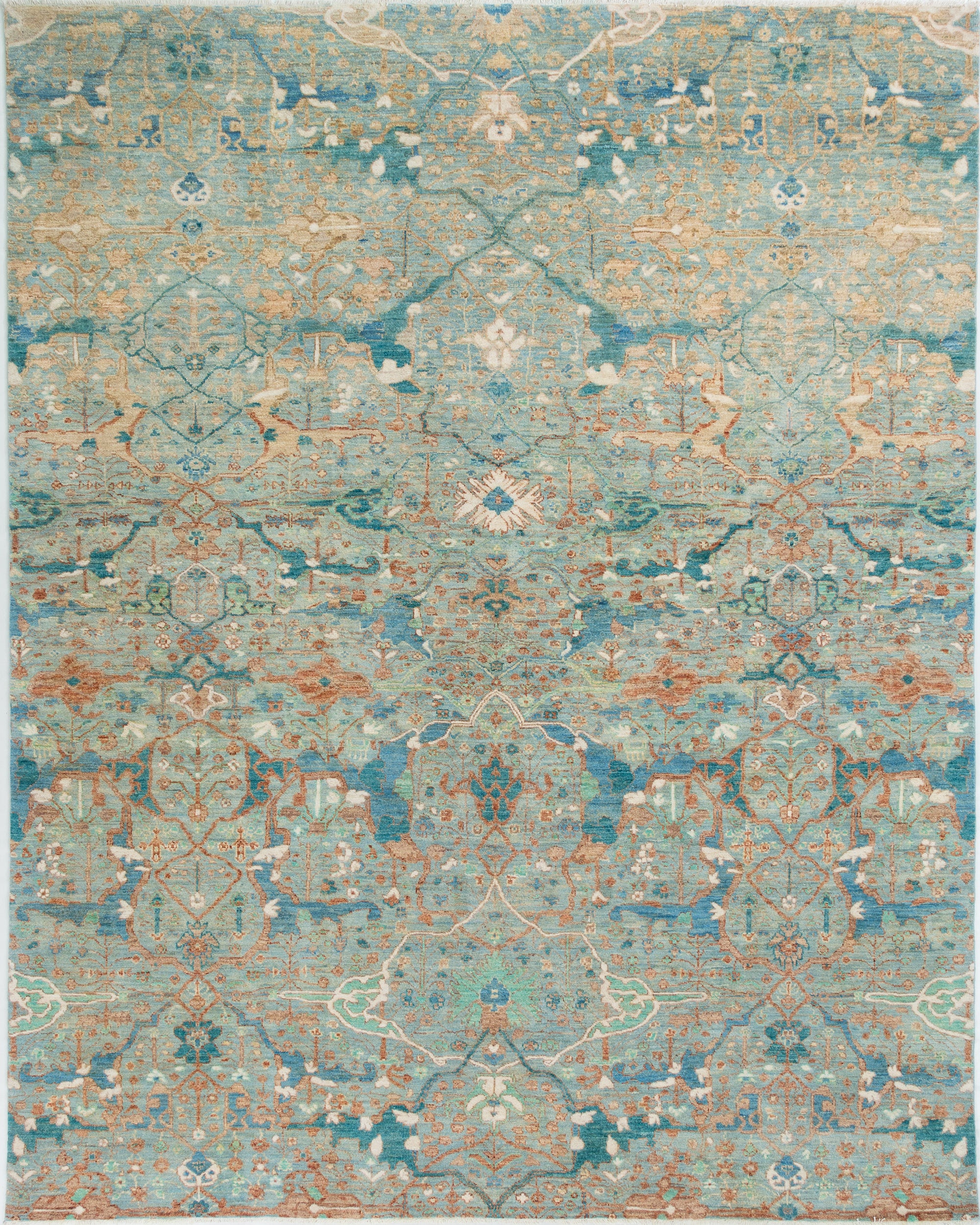 Chobbi Rug in pale turquoise and sand — full rug view