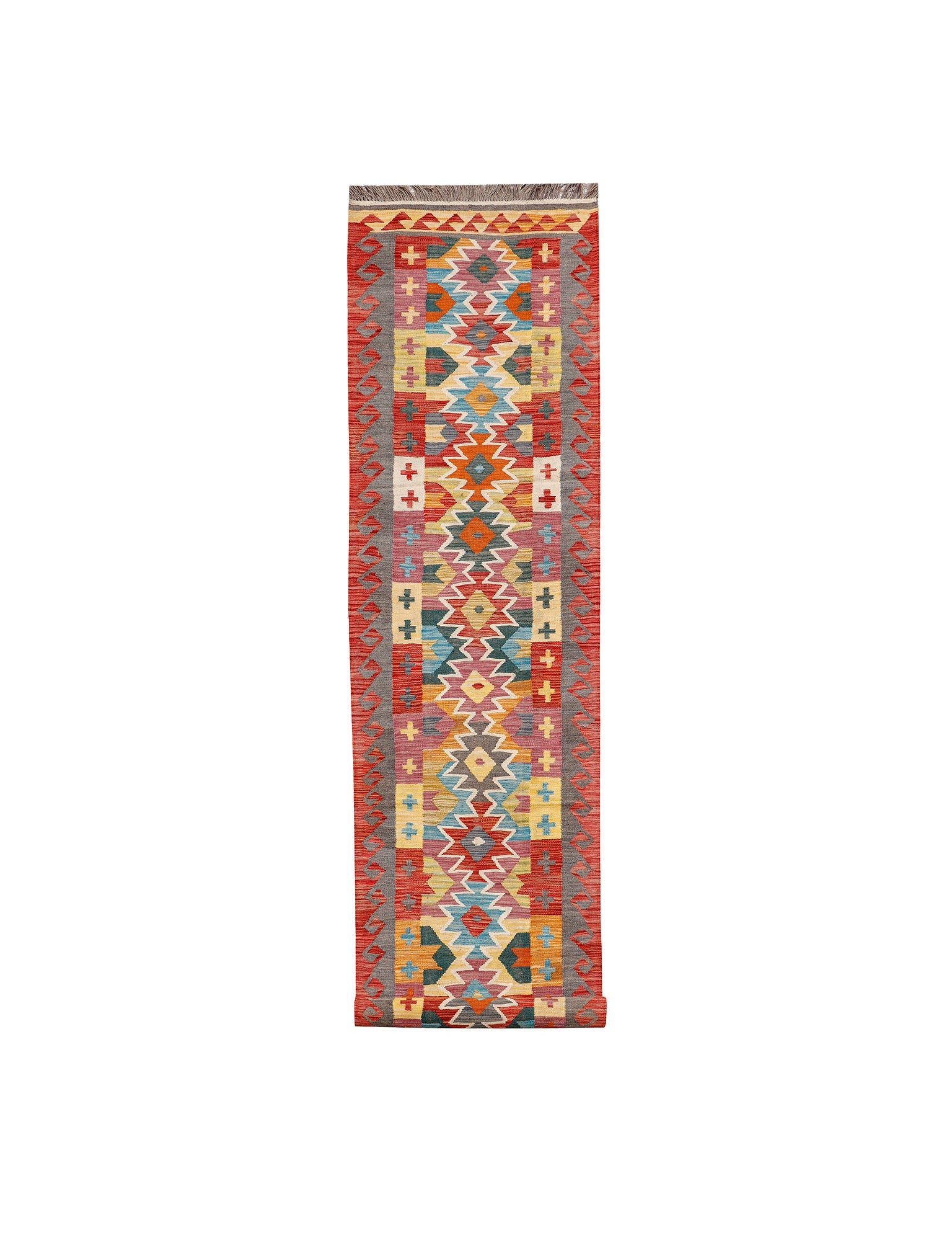 Afghan Maimana runner — Stepped Medallions in Red & Slate | 2'10" × 15'9" (86 × 480 cm)