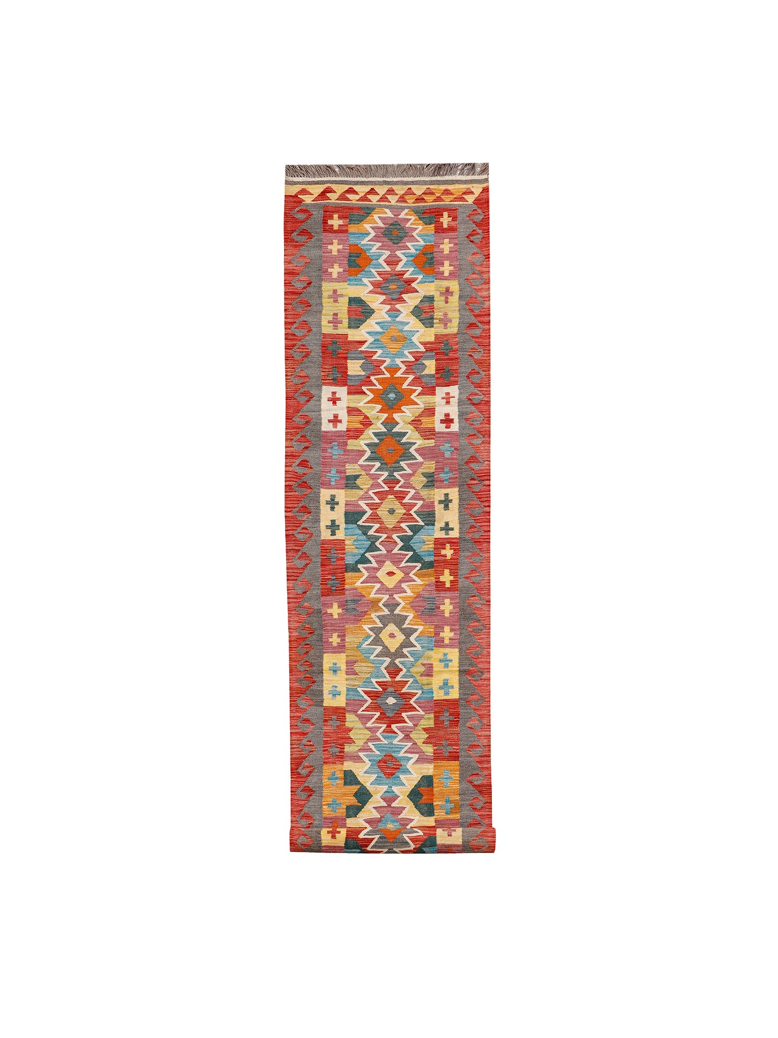 Afghan Maimana runner — Stepped Medallions in Red & Slate | 2'10" × 15'9" (86 × 480 cm)