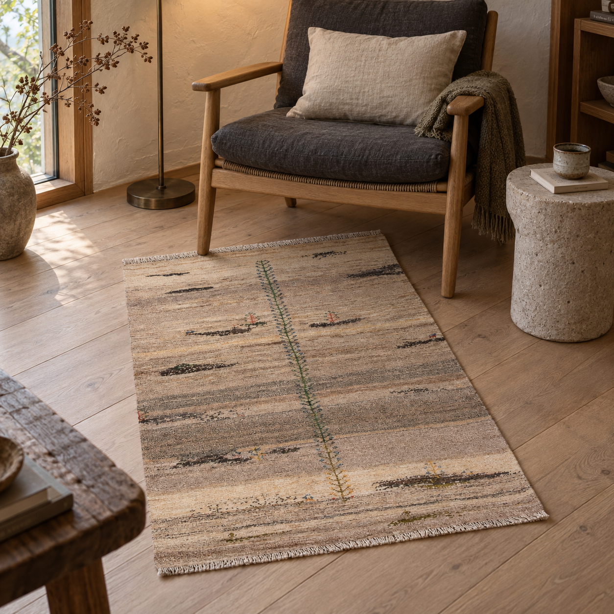 Warm Japanese Scandinavian corner; AI-generated styling visualization. Pattern details and scale may vary; refer to original product photos and listed dimensions.