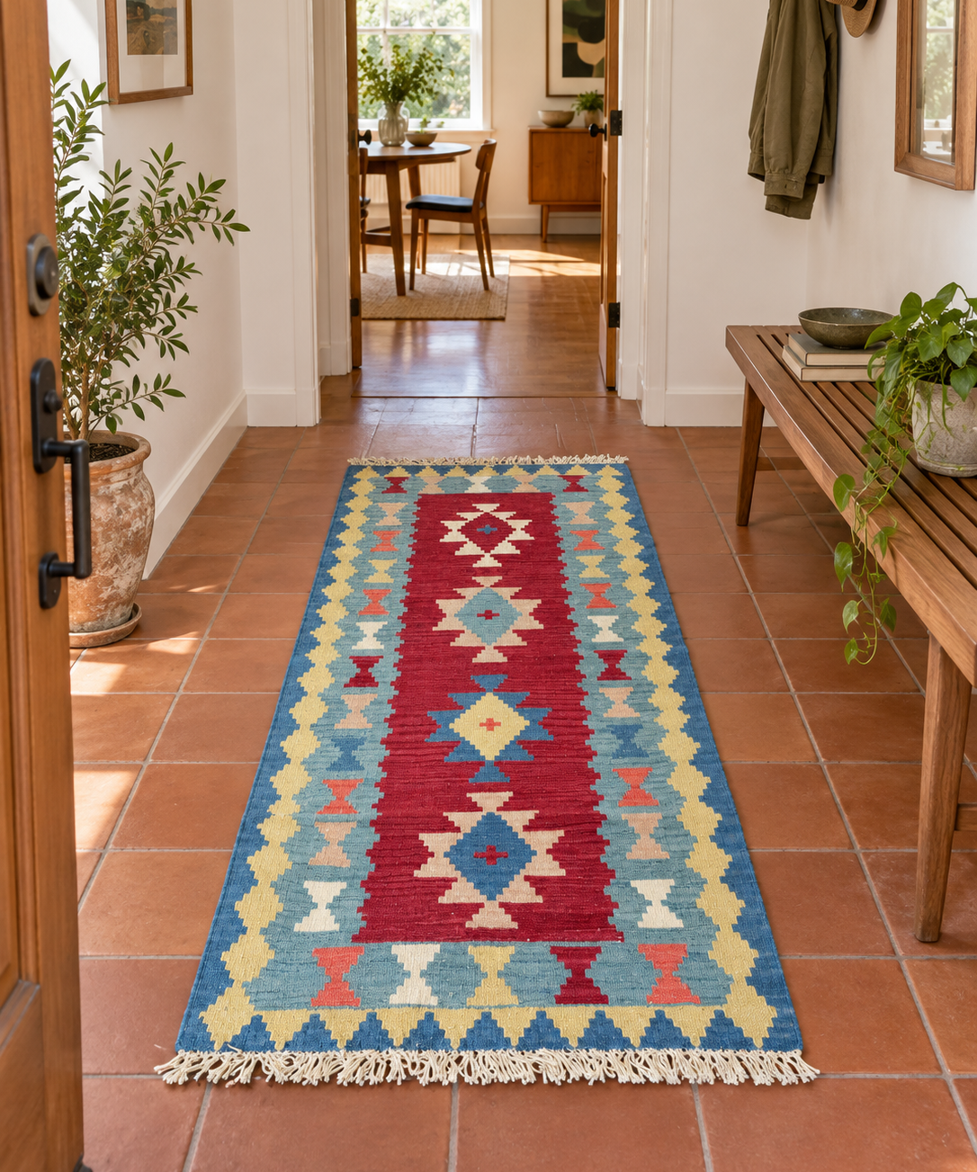AI-generated lifestyle visualization of the Shiraz Khati kilim runner, 87 × 190 cm, in an entrance passage; original product photos show the actual rug.