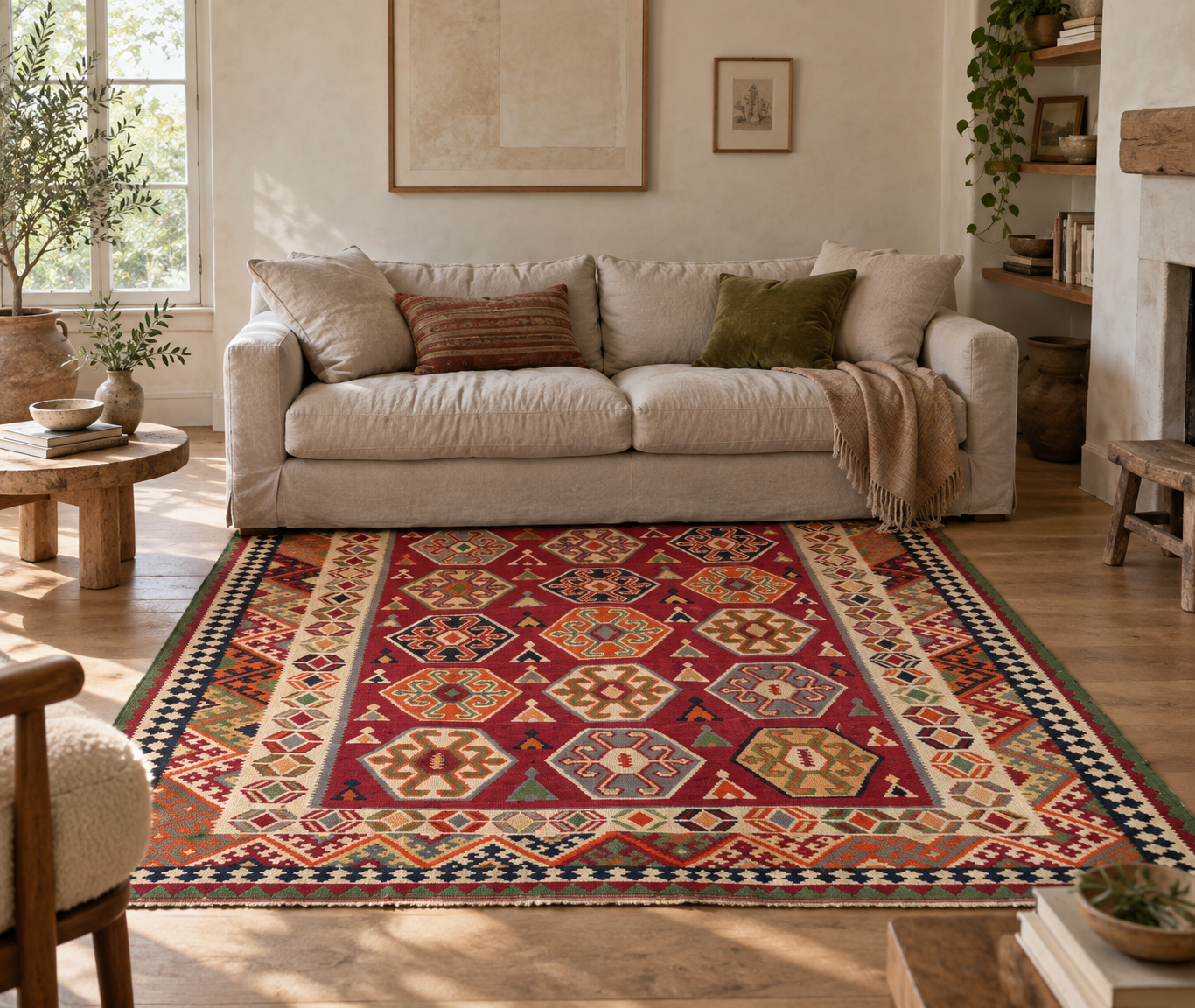 AI-generated lifestyle visualization of a Qashqai kilim with scorpion motifs, 162 × 280 cm, in a family sitting room; original product photos show the actual rug.
