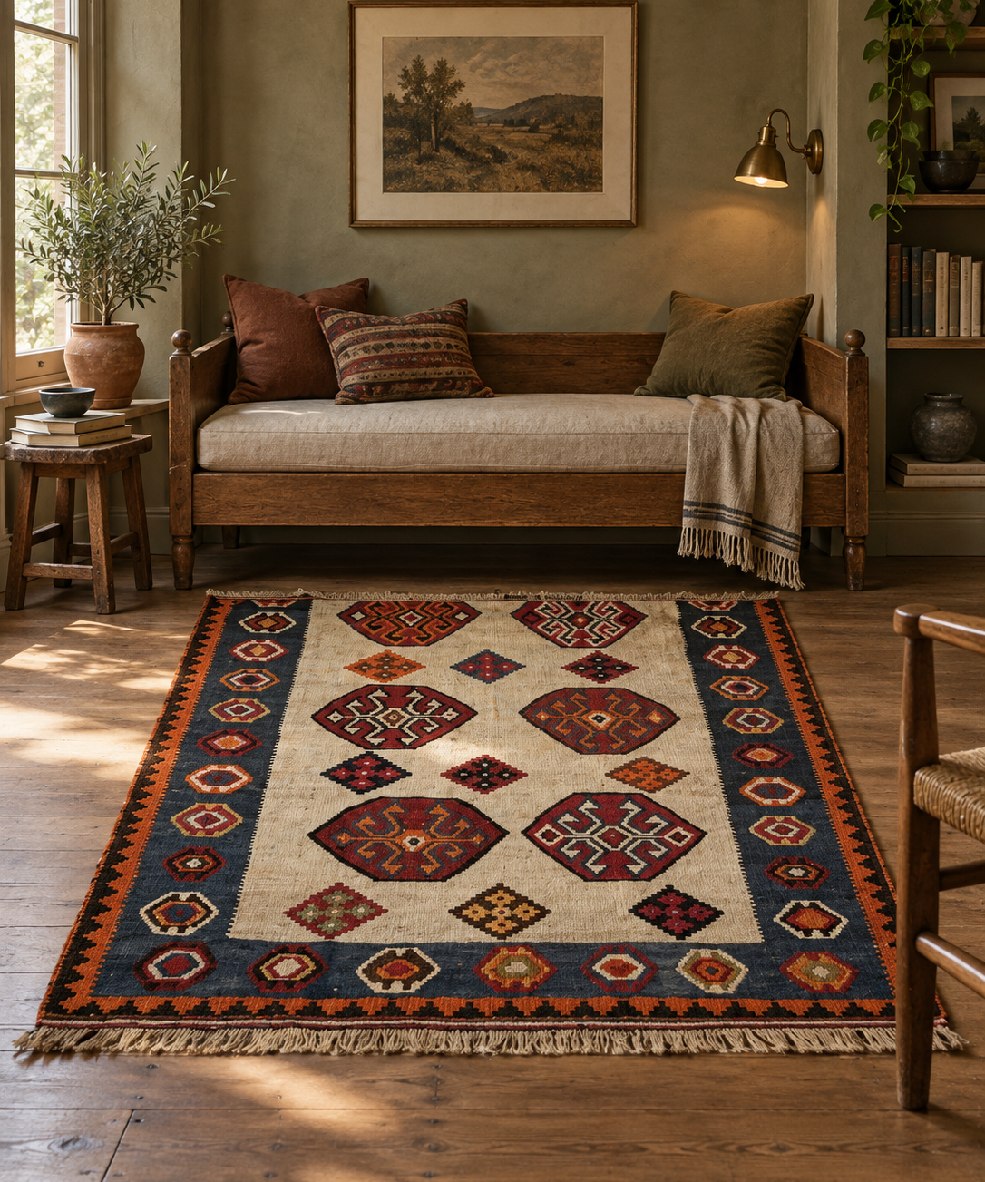 AI-generated lifestyle visualization of a Qashqai kilim with scorpion motifs, 150 × 233 cm, in a reading room before a daybed; original product photos show the actual rug.