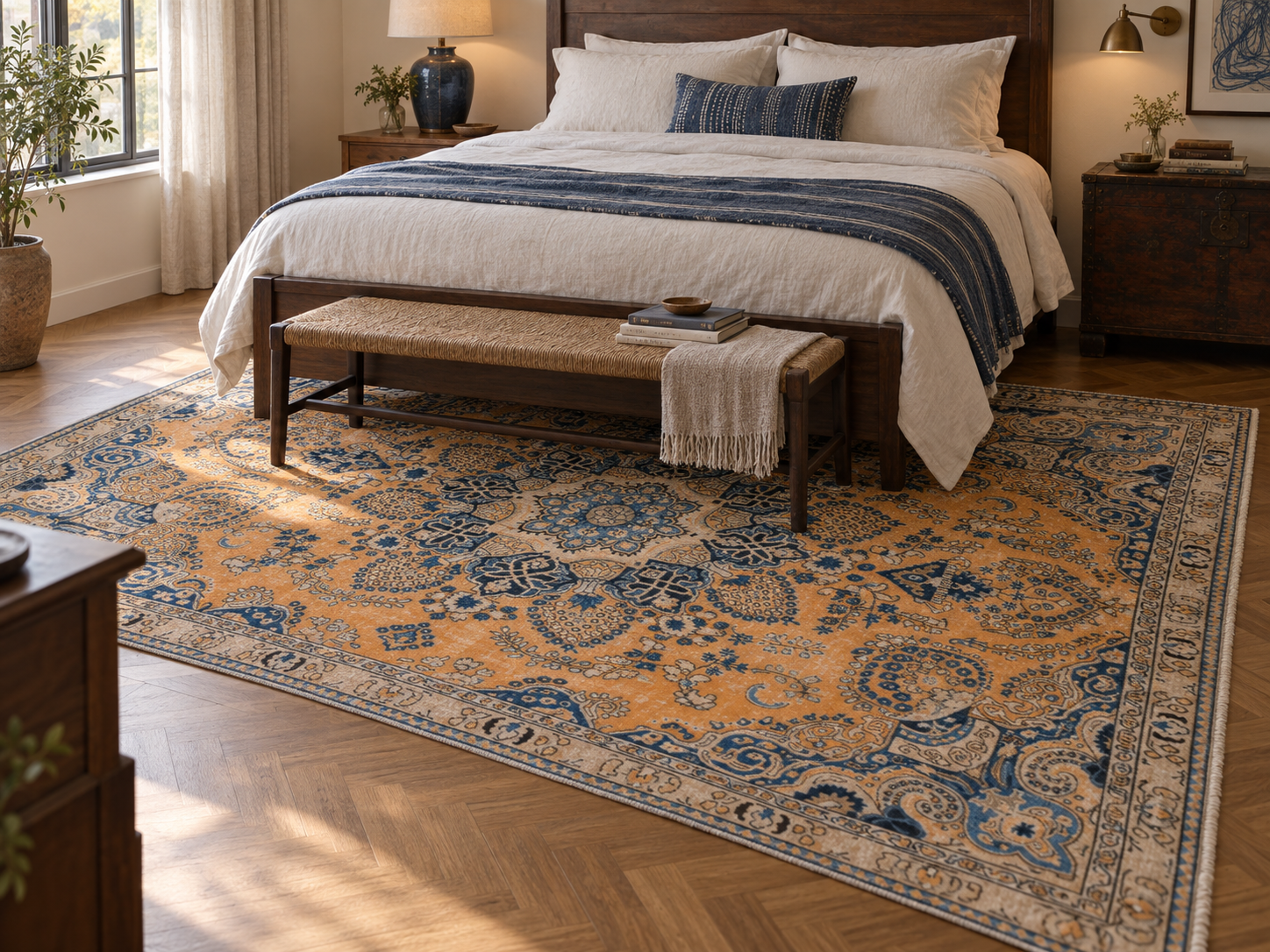 Apricot and indigo bedroom; AI-generated styling visualization. Pattern details and scale may vary; refer to original product photos and listed dimensions.