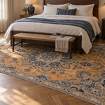 Apricot and indigo bedroom; AI-generated styling visualization. Pattern details and scale may vary; refer to original product photos and listed dimensions.