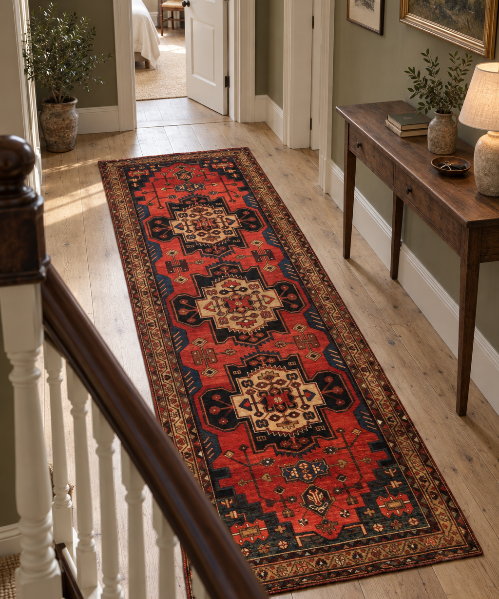 Red runner in a broad gallery passage; AI-generated styling visualization. Pattern details and scale may vary; refer to original product photos and listed dimensions.
