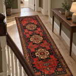 Red runner in a broad gallery passage; AI-generated styling visualization. Pattern details and scale may vary; refer to original product photos and listed dimensions.
