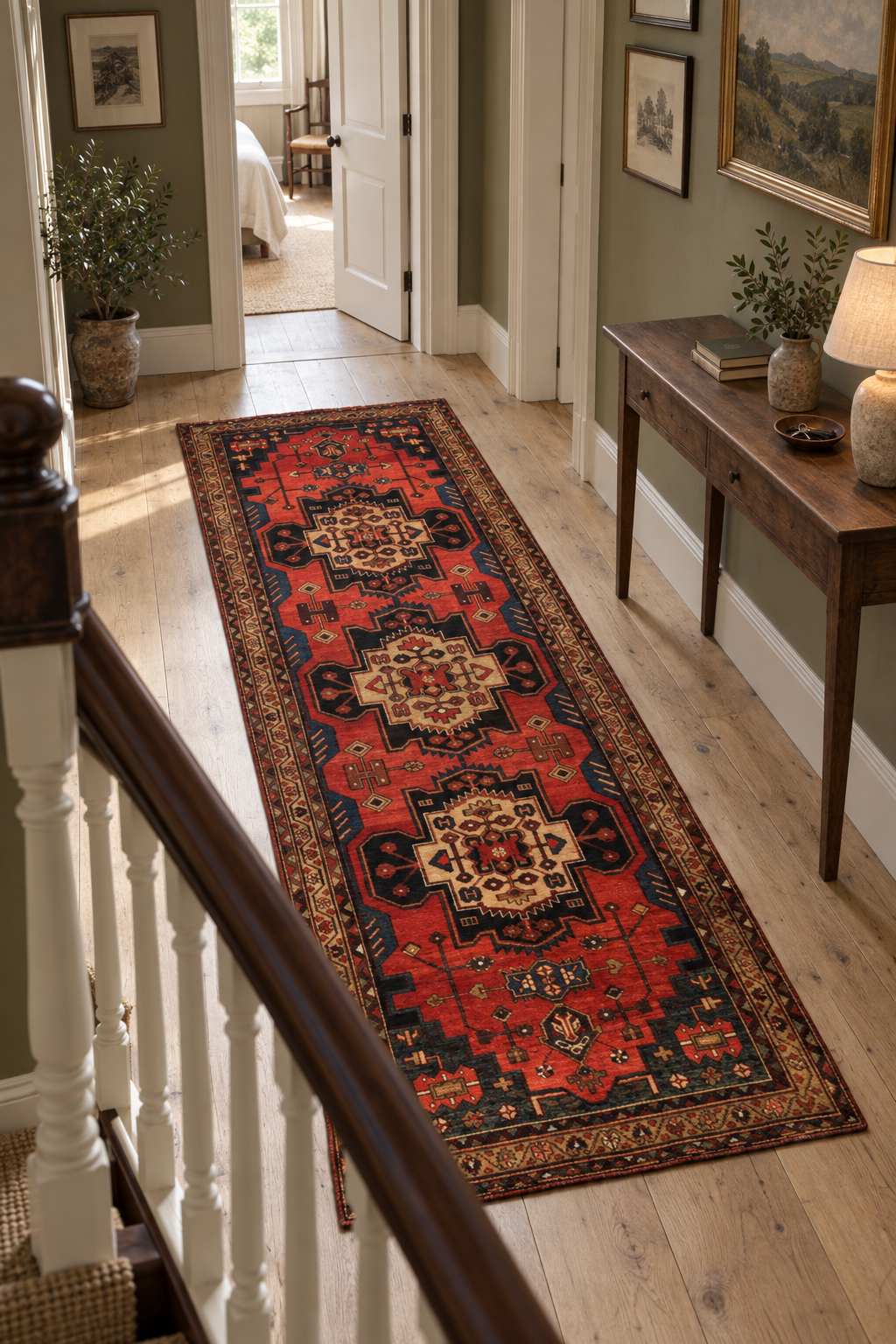 Red runner in a broad gallery passage; AI-generated styling visualization. Pattern details and scale may vary; refer to original product photos and listed dimensions.