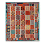 Afghan Maimana kilim — Geometric Panels in Terracotta & Blue | 8'5" × 9'9" (256 × 297 cm)