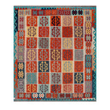 Afghan Maimana kilim — Geometric Panels in Terracotta & Blue | 8'5" × 9'9" (256 × 297 cm)