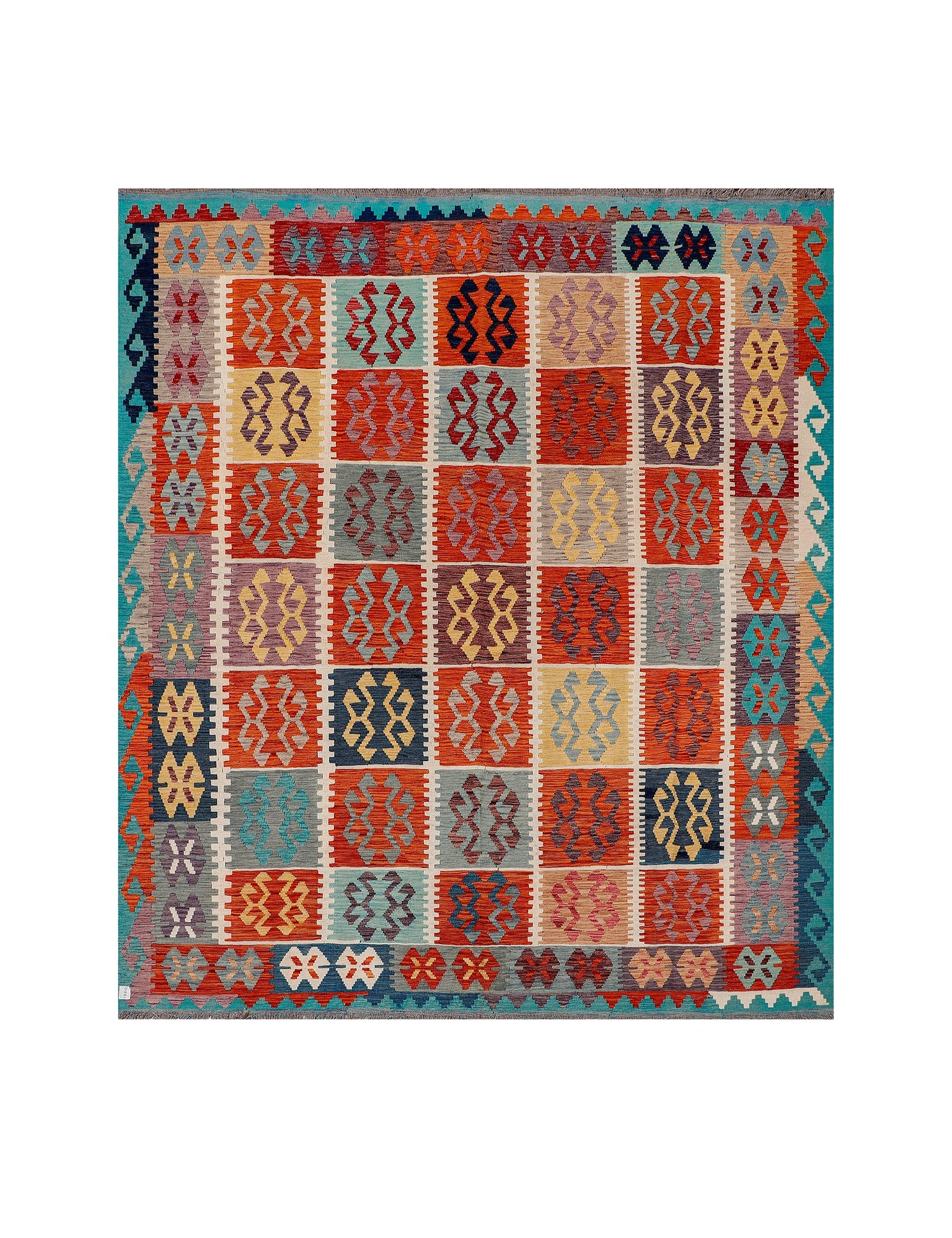 Afghan Maimana kilim — Geometric Panels in Terracotta & Blue | 8'5" × 9'9" (256 × 297 cm)