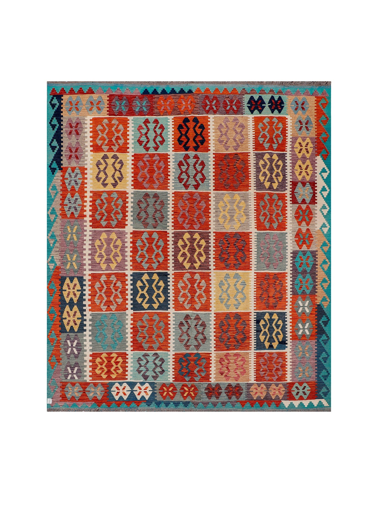 Afghan Maimana kilim — Geometric Panels in Terracotta & Blue | 8'5" × 9'9" (256 × 297 cm)