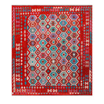 Afghan Maimana kilim — Diamond Lattice on Red | 8'5" × 9'6" (257 × 289 cm)