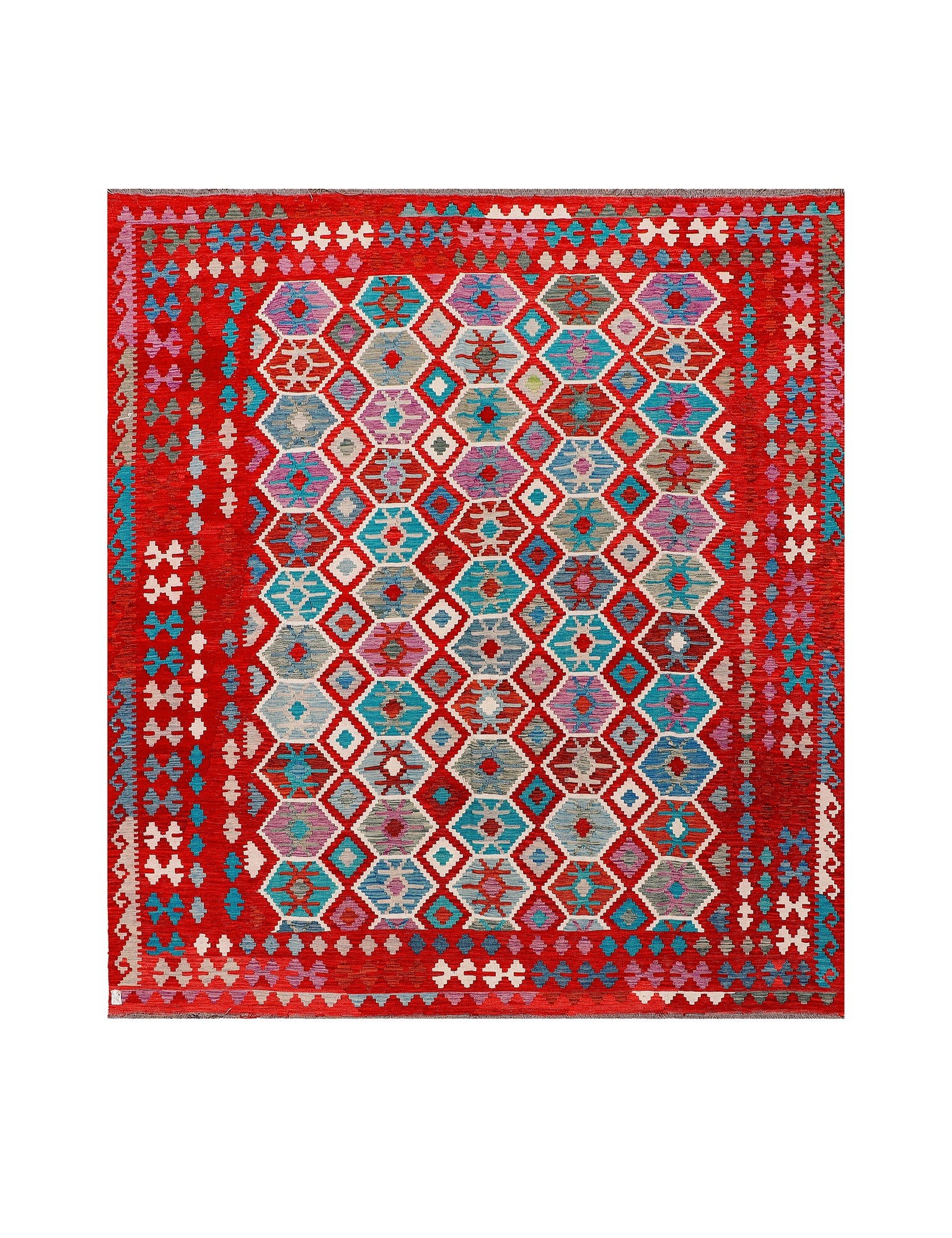 Afghan Maimana kilim — Diamond Lattice on Red | 8'5" × 9'6" (257 × 289 cm)