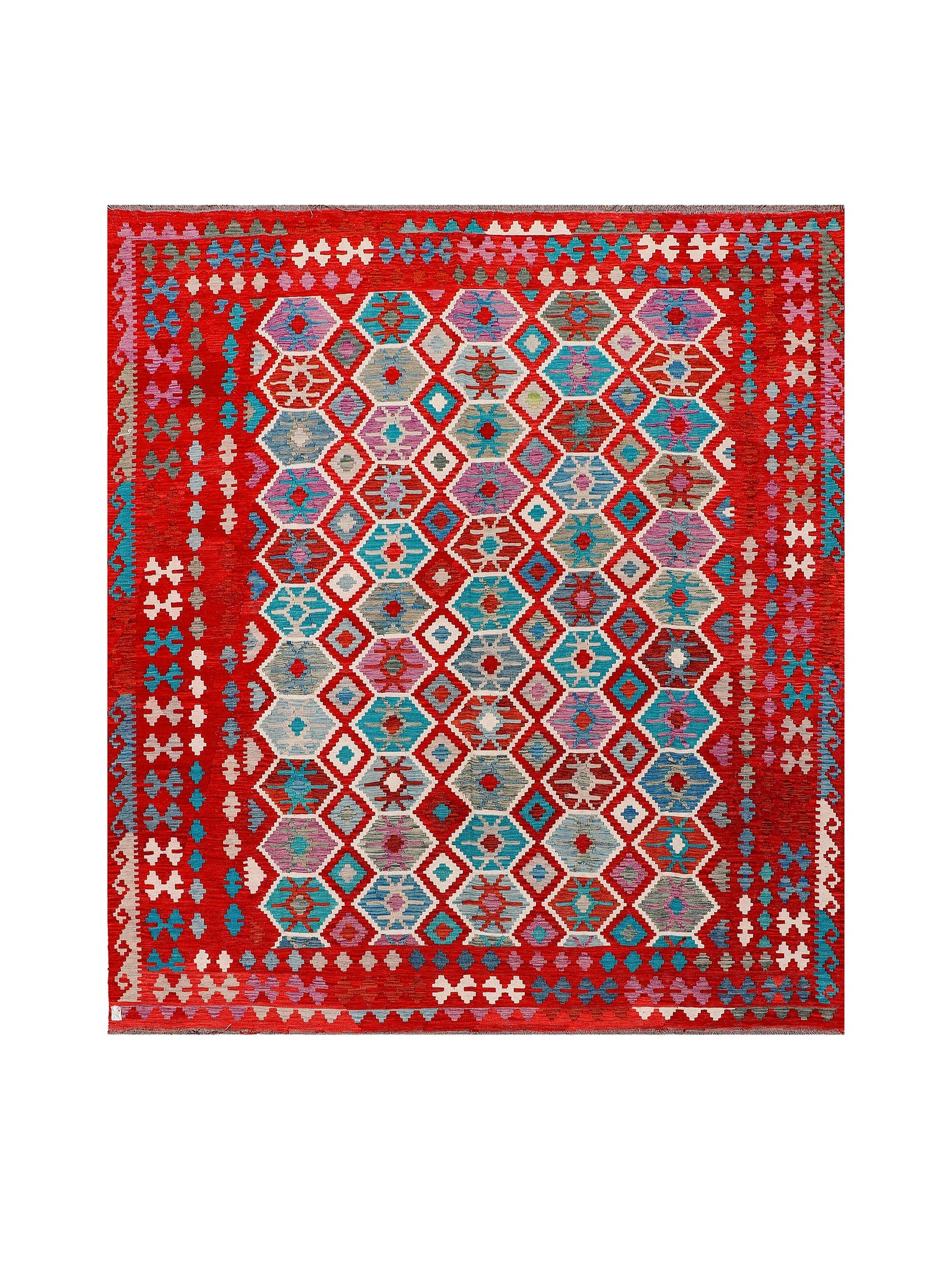 Afghan Maimana kilim — Diamond Lattice on Red | 8'5" × 9'6" (257 × 289 cm)