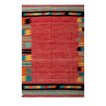 Afghan Maimana kilim — Coral Field with Turquoise & Black Borders | 6'7" × 9'9" (200 × 297 cm)