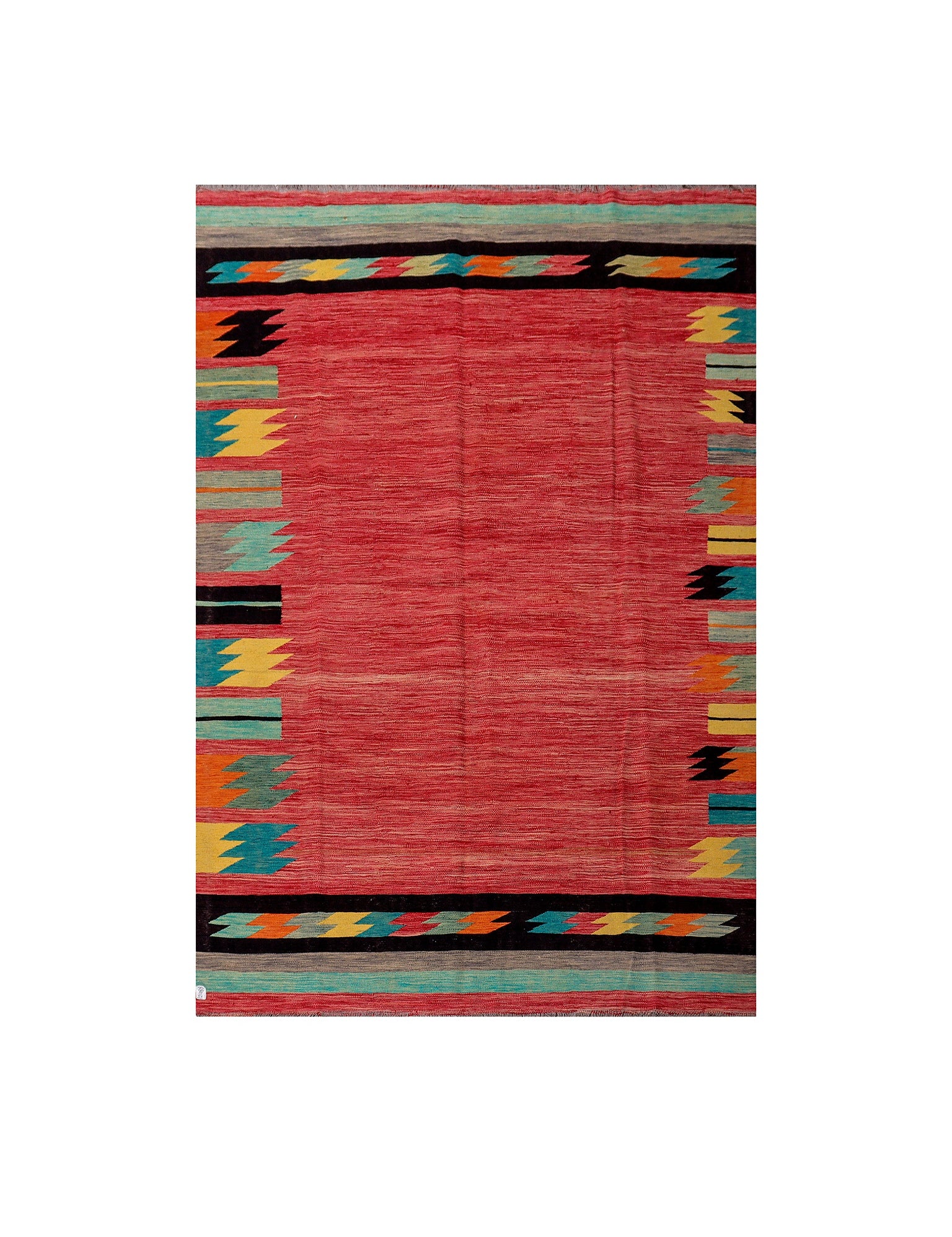 Afghan Maimana kilim — Coral Field with Turquoise & Black Borders | 6'7" × 9'9" (200 × 297 cm)