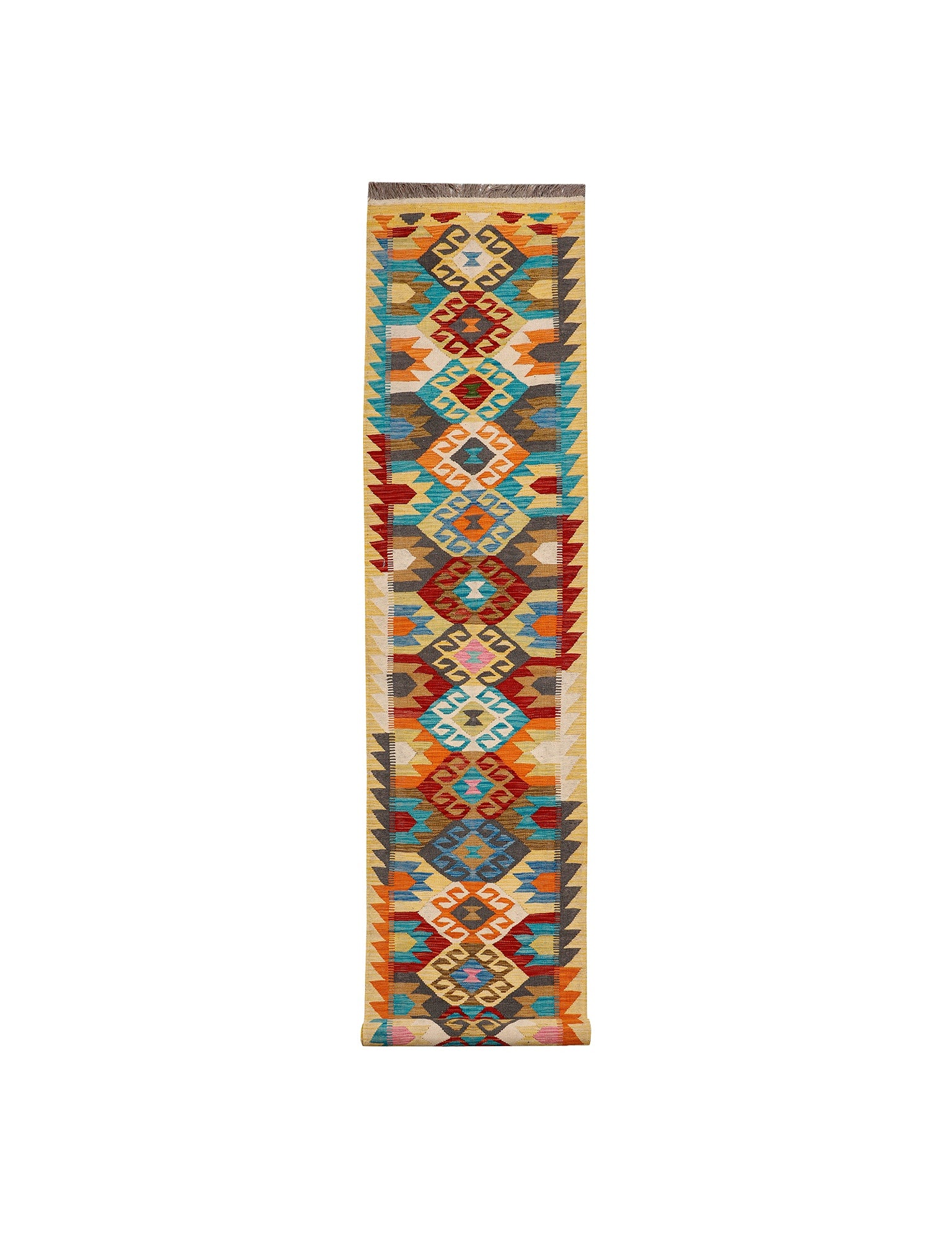 Afghan Maimana runner — Diamond Chain in Gold & Turquoise | 2'9" × 16' (83 × 488 cm)