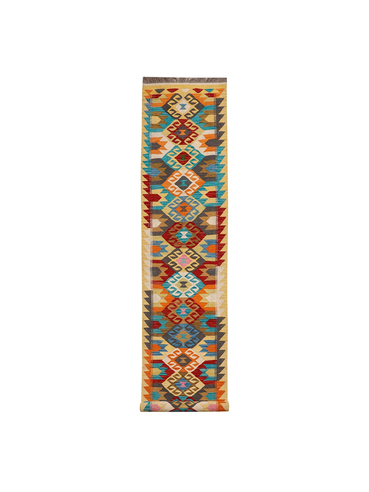 Afghan Maimana runner — Diamond Chain in Gold & Turquoise | 2'9" × 16' (83 × 488 cm)