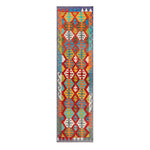 Afghan Maimana runner — Diamond Lattice in Red & Slate Blue | 2'7" × 9'5" (79 × 287 cm)