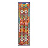 Afghan Maimana runner — Diamond Lattice in Red & Slate Blue | 2'7" × 9'5" (79 × 287 cm)