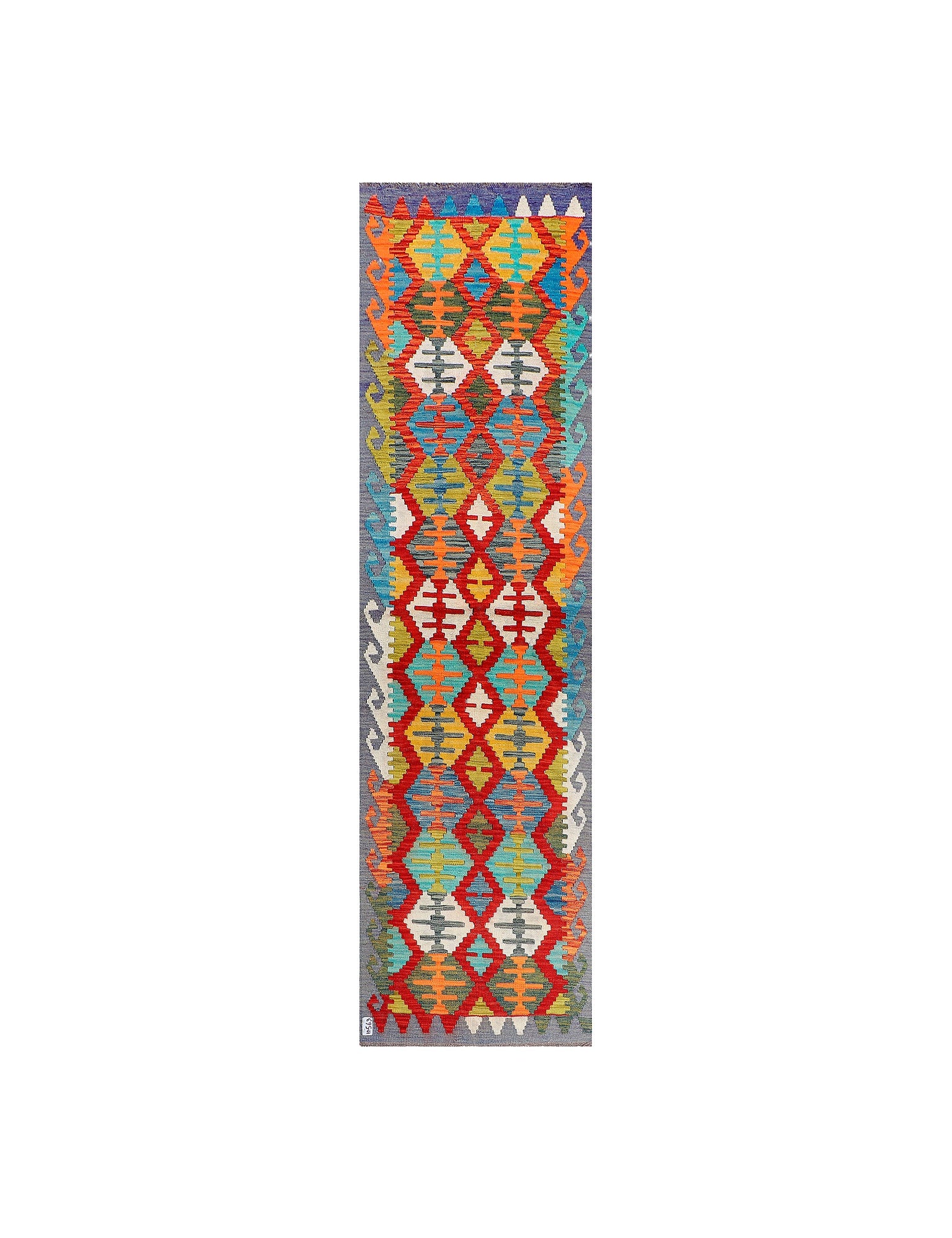 Afghan Maimana runner — Diamond Lattice in Red & Slate Blue | 2'7" × 9'5" (79 × 287 cm)