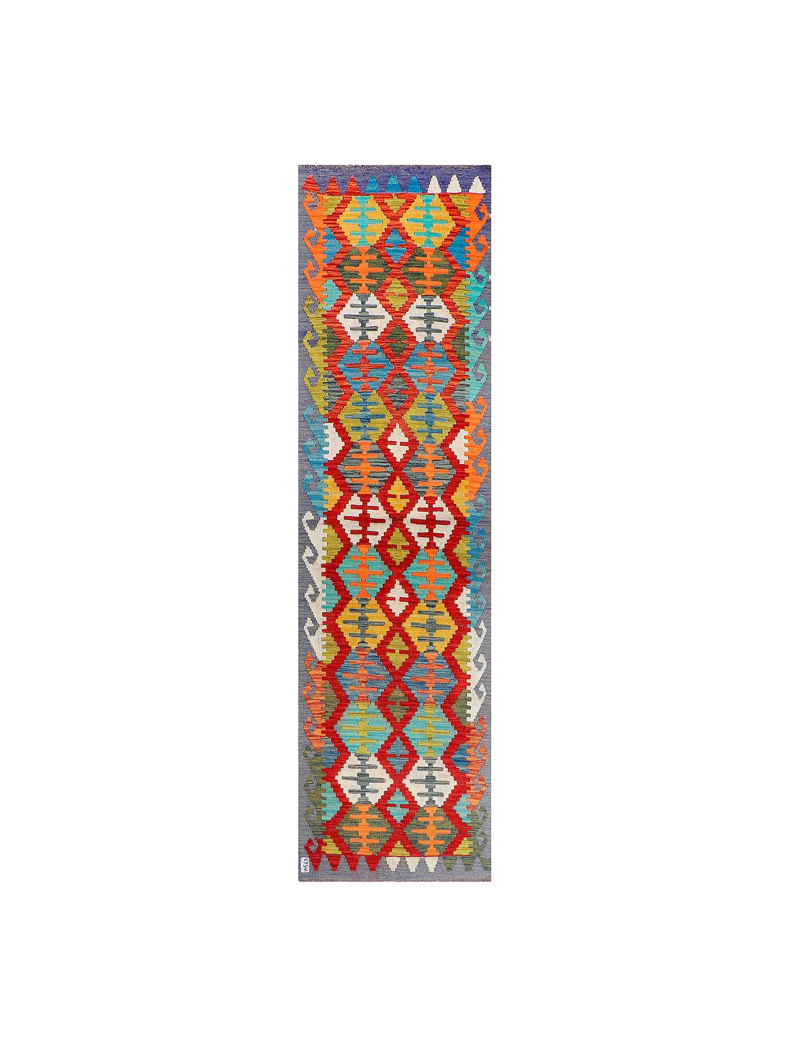 Afghan Maimana runner — Diamond Lattice in Red & Slate Blue | 2'7" × 9'5" (79 × 287 cm)