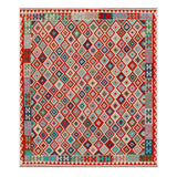 Afghan Maimana kilim — Small Diamonds in Red & Cream | 8'4" × 9'8" (254 × 294 cm)