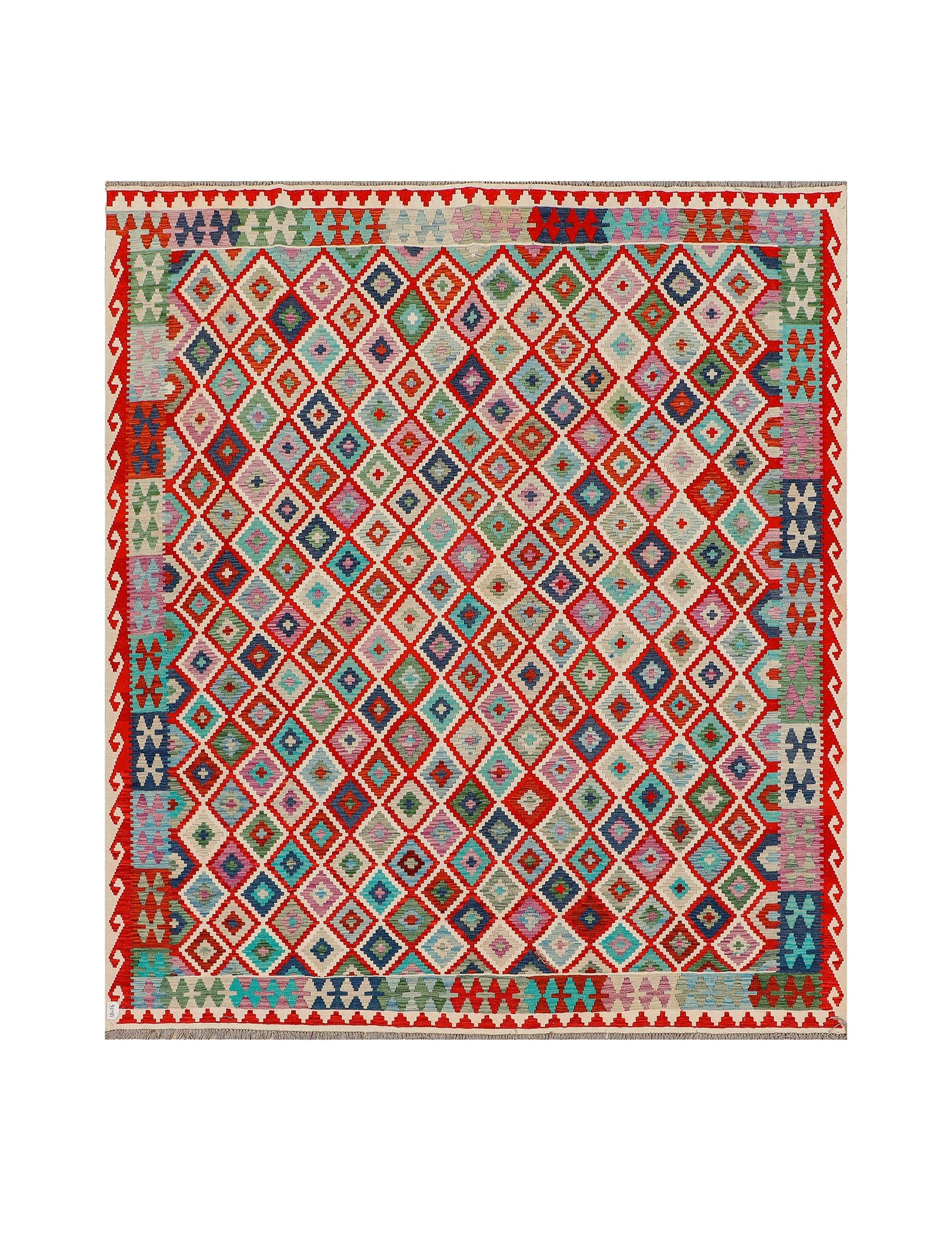 Afghan Maimana kilim — Small Diamonds in Red & Cream | 8'4" × 9'8" (254 × 294 cm)
