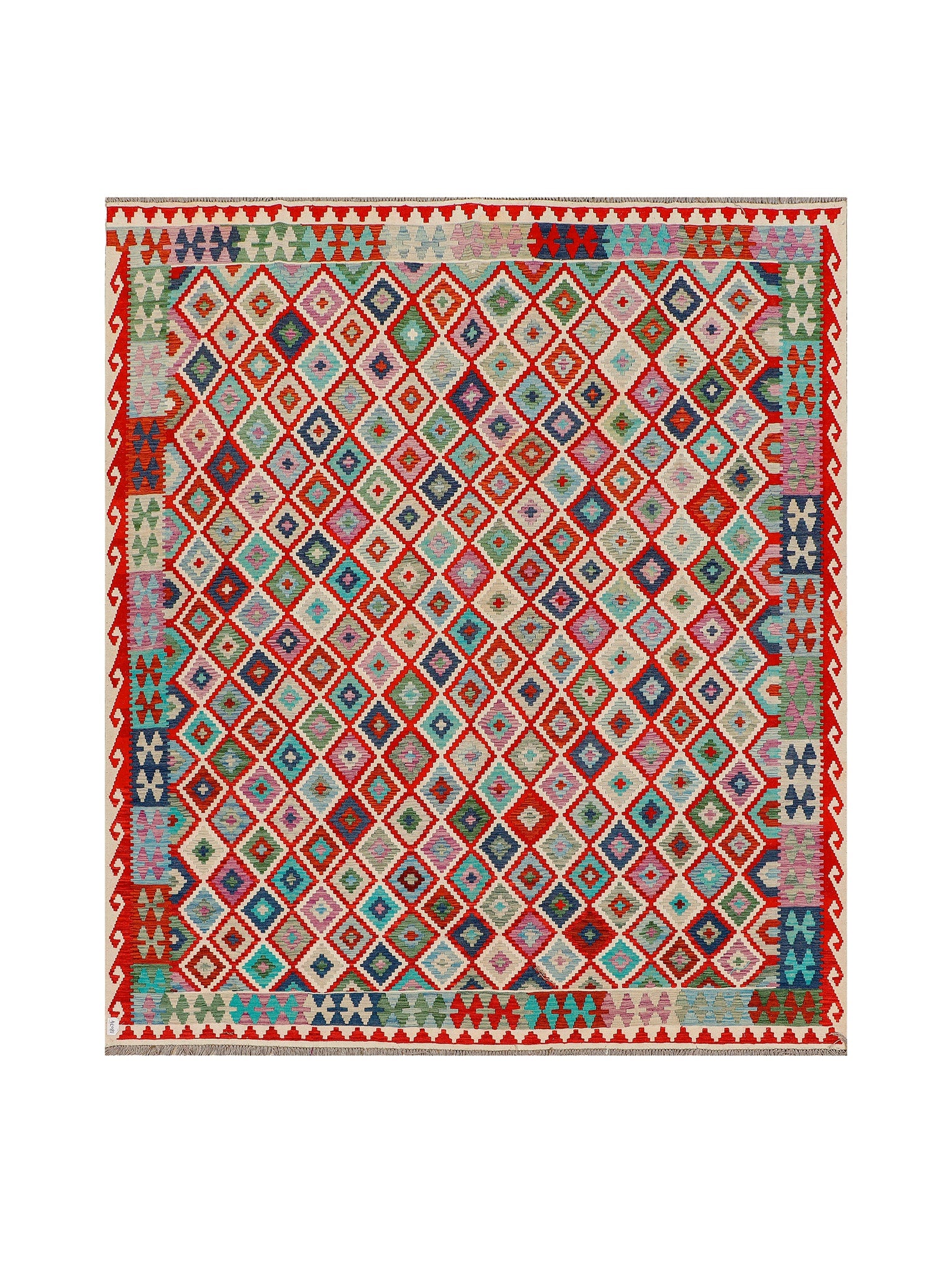 Afghan Maimana kilim — Small Diamonds in Red & Cream | 8'4" × 9'8" (254 × 294 cm)