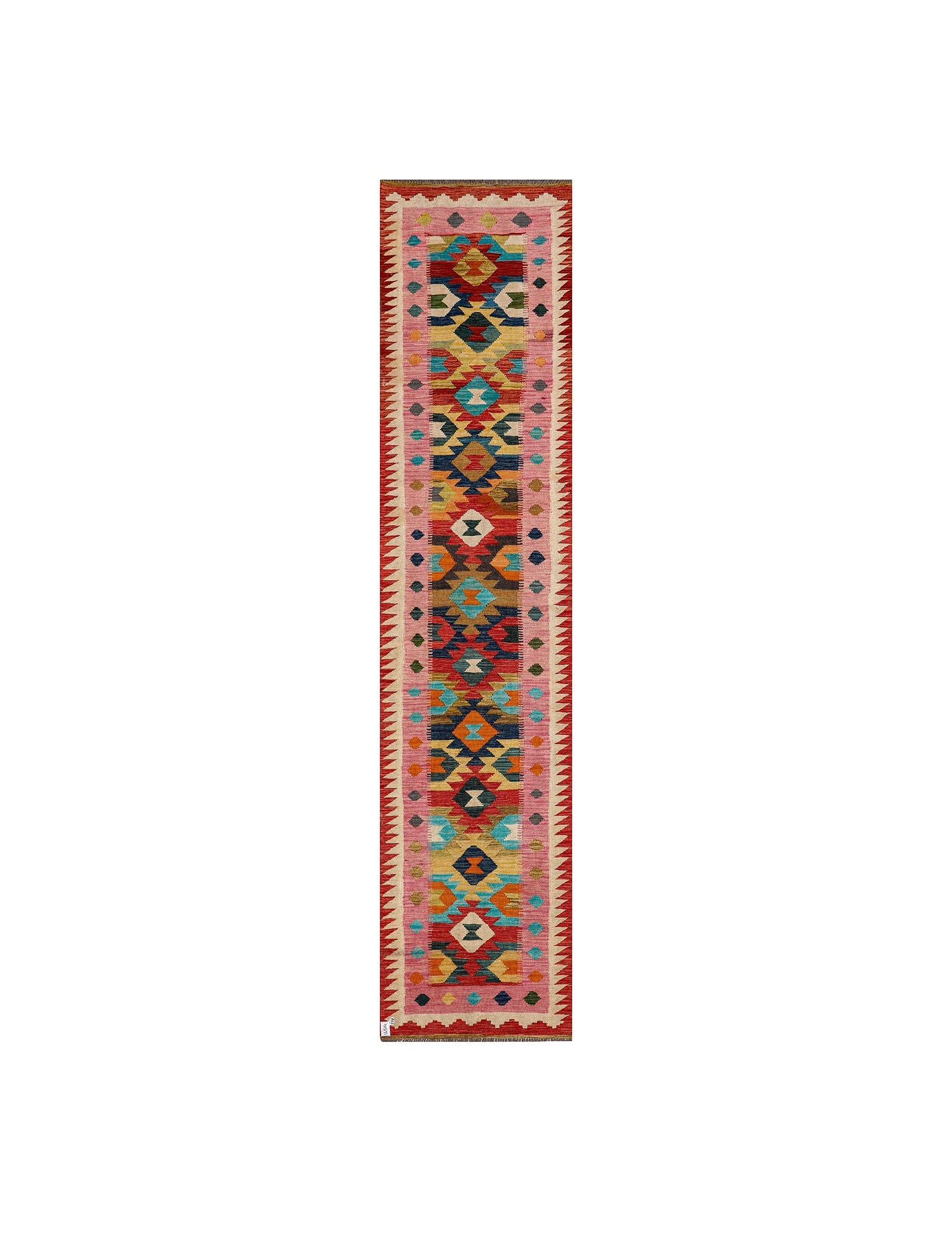 Afghan Maimana runner — Diamond Chain with Pink Borders | 2'10" × 12'8" (86 × 385 cm)