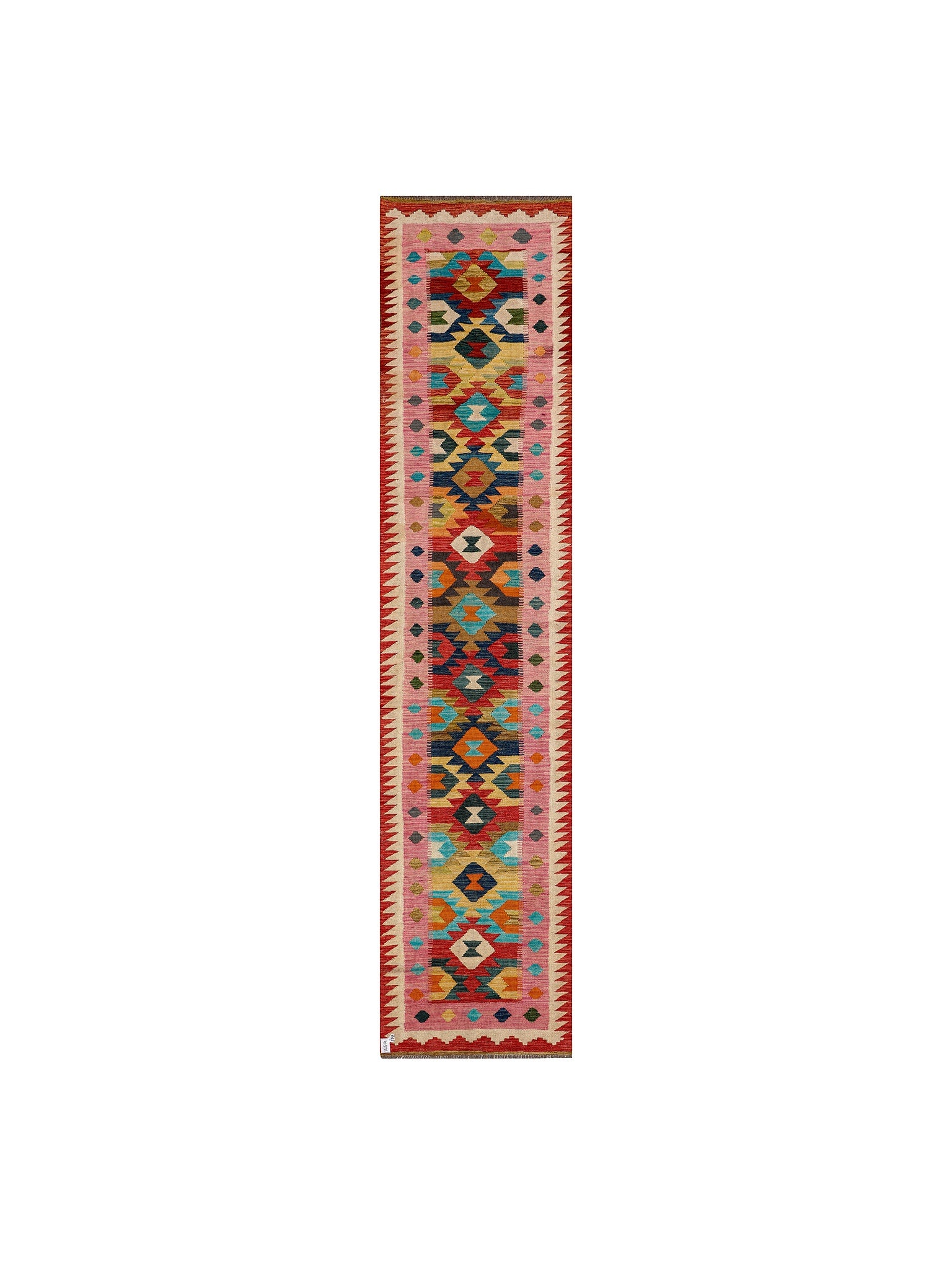 Afghan Maimana runner — Diamond Chain with Pink Borders | 2'10" × 12'8" (86 × 385 cm)
