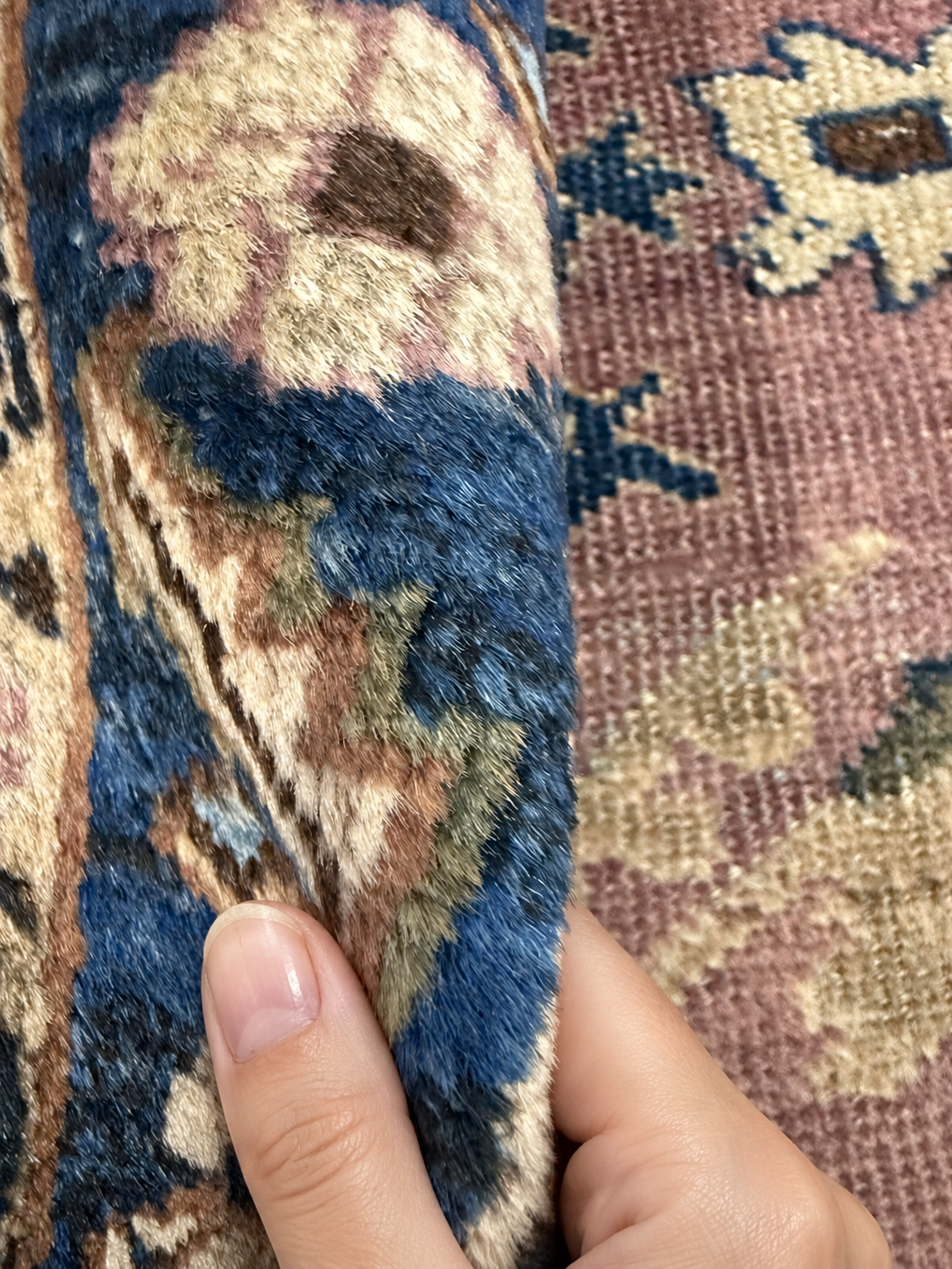 Vintage Sarouk Rug — Repeating Florals on Muted Pink. Rug pile and texture detail; SKU EE 1.0236; source IMG_6650.