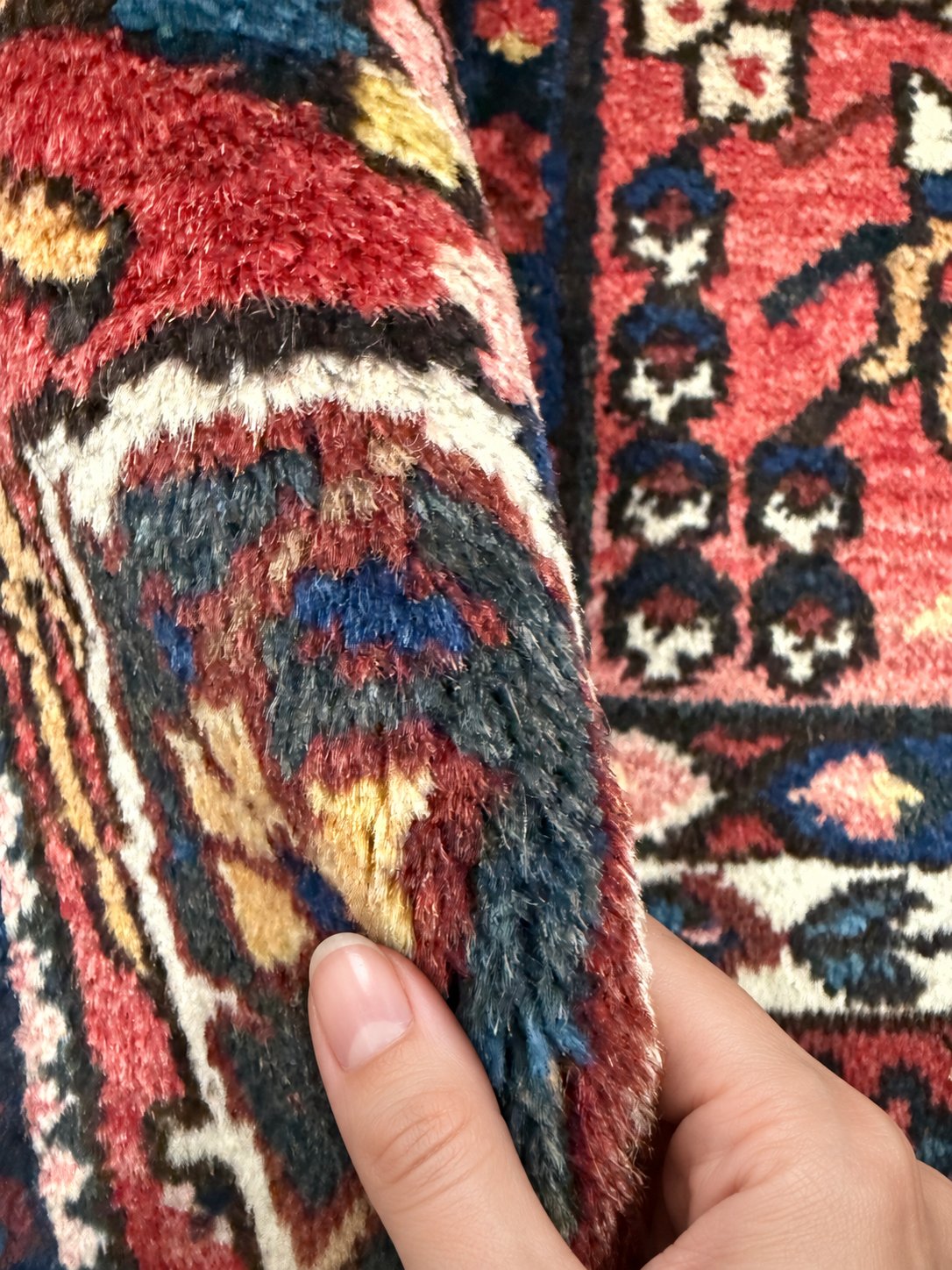 Vintage Shalamzar Bakhtiari Wool Rug, additional view; SKU EE 1.1551; source IMG_7331. Hand digitally edited with AI.