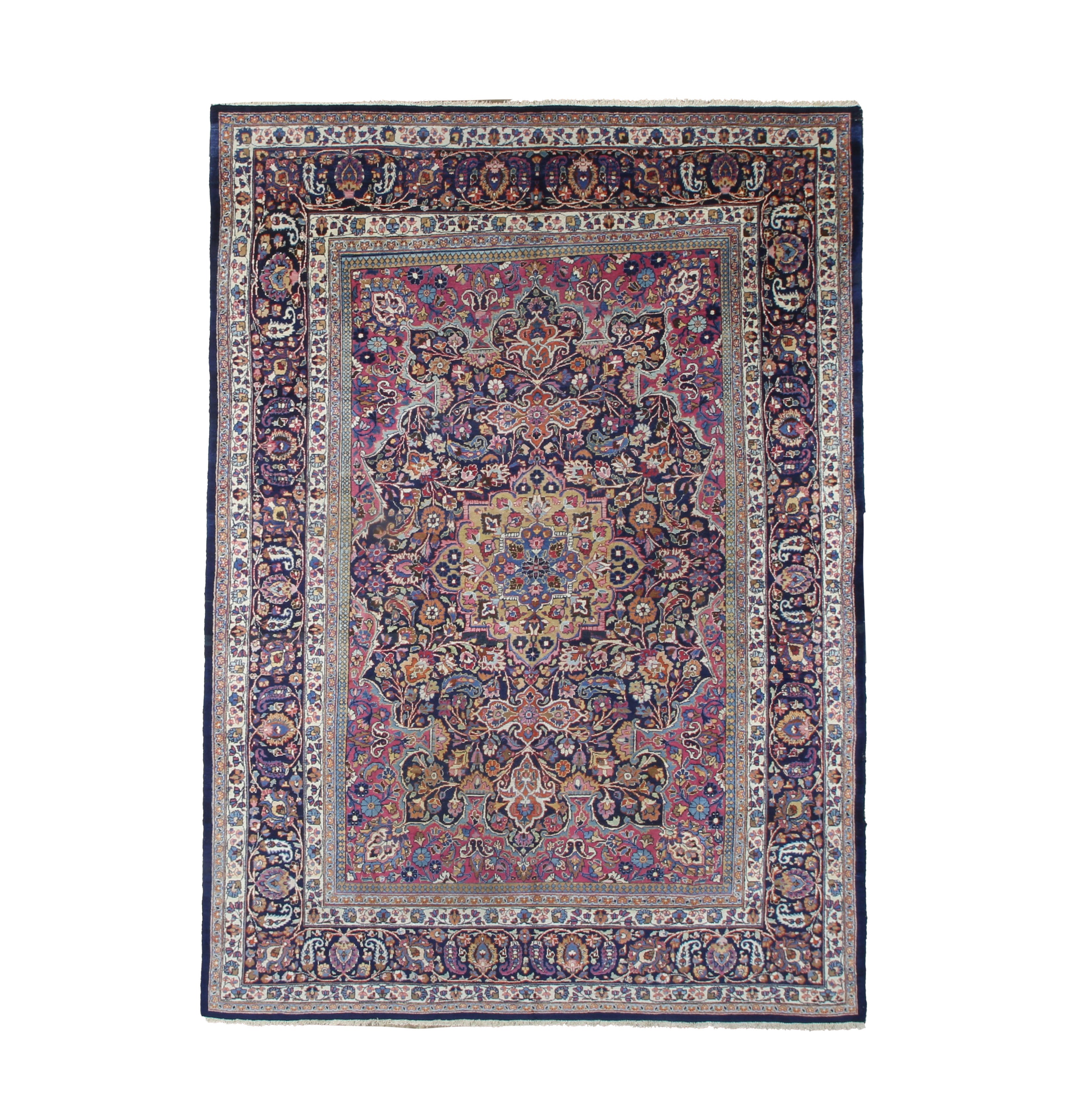 Vintage Mashhad Rug, top view on white background, hand-knotted wool pile. SKU EE 1.0651.