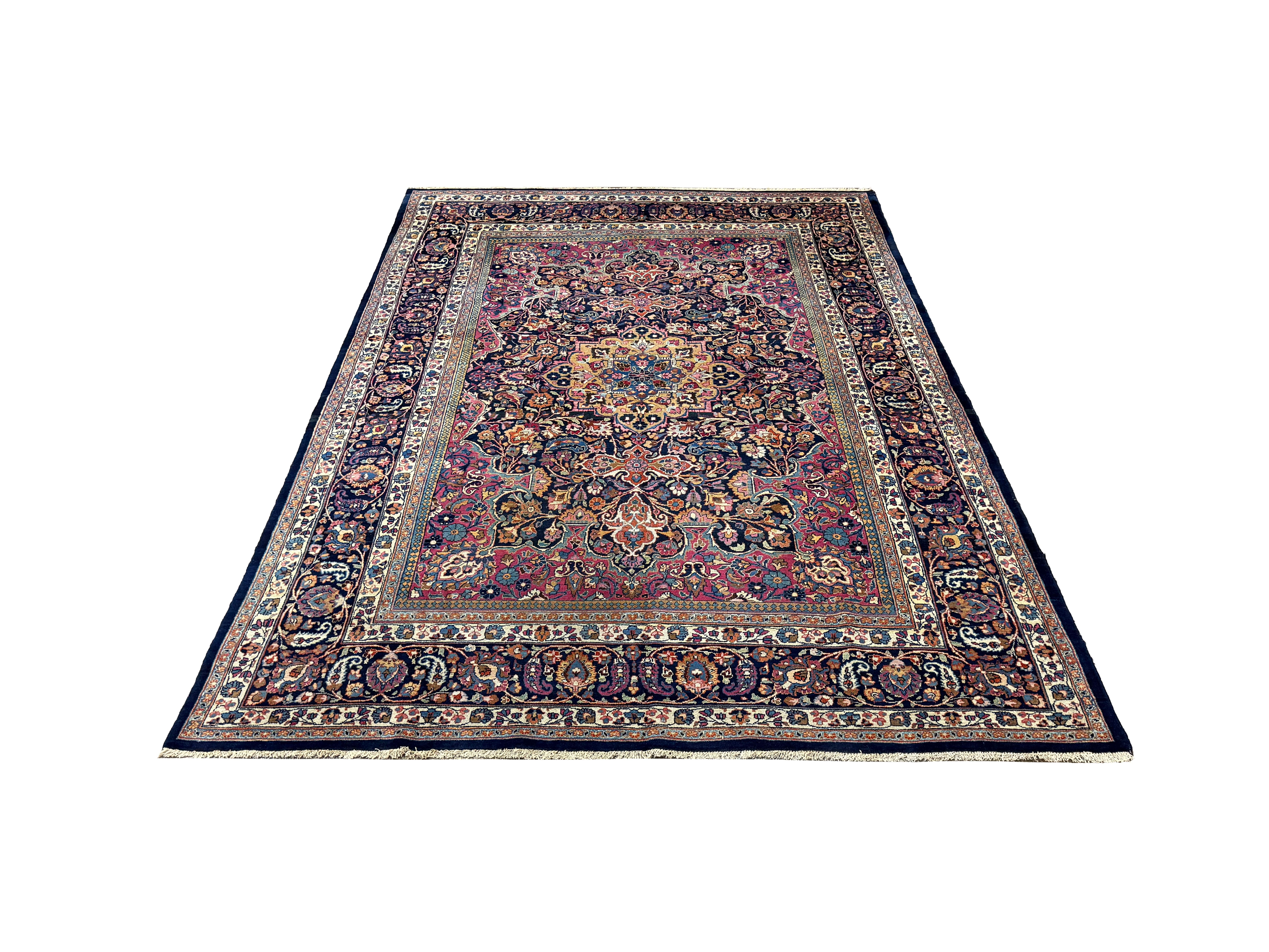 Vintage Mashhad Rug, full rug in perspective showing the patterned field and borders, hand-knotted wool pile. SKU EE 1.0651.