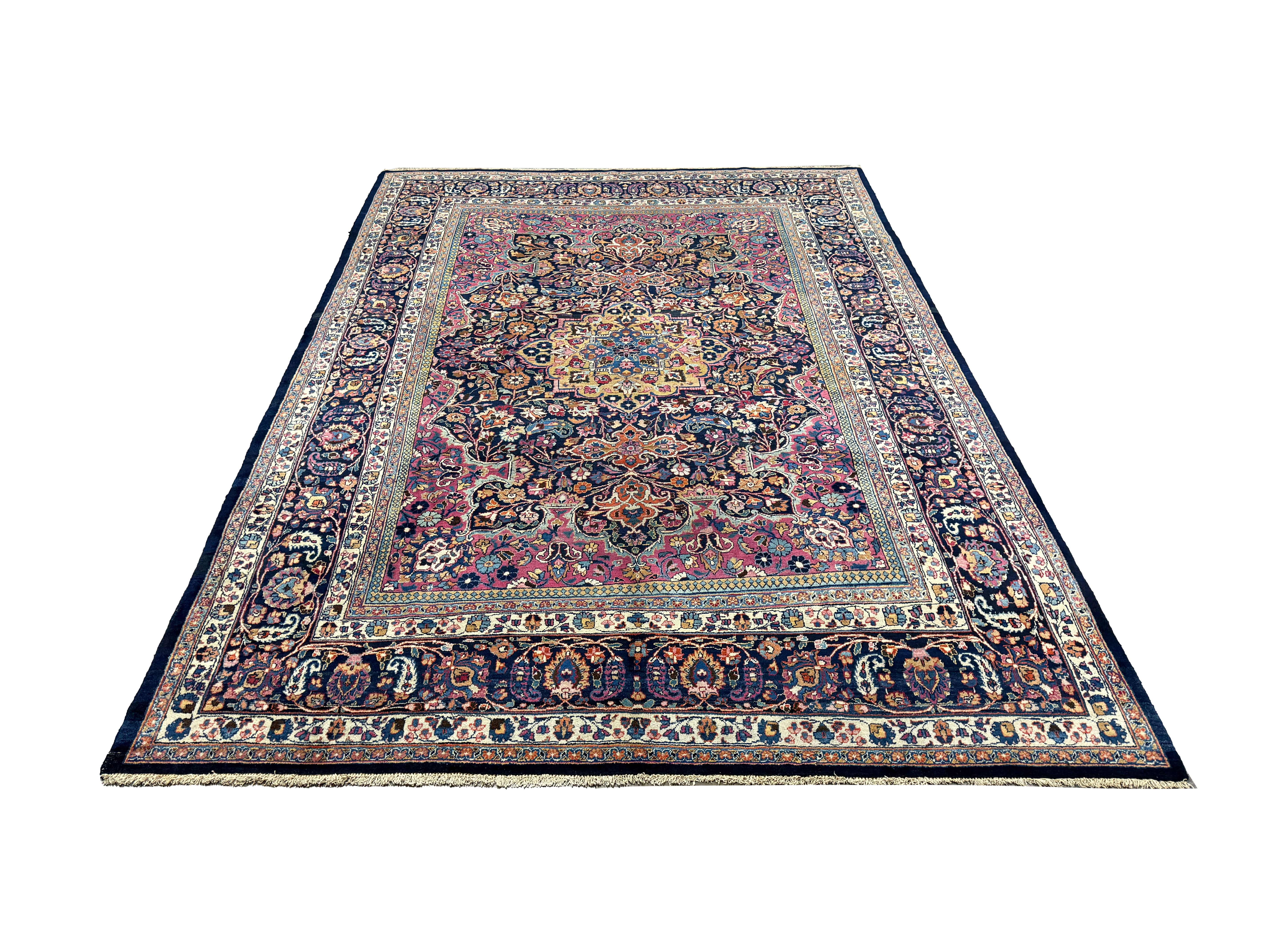 Vintage Mashhad Rug, front perspective view of the complete rug, hand-knotted wool pile. SKU EE 1.0651.