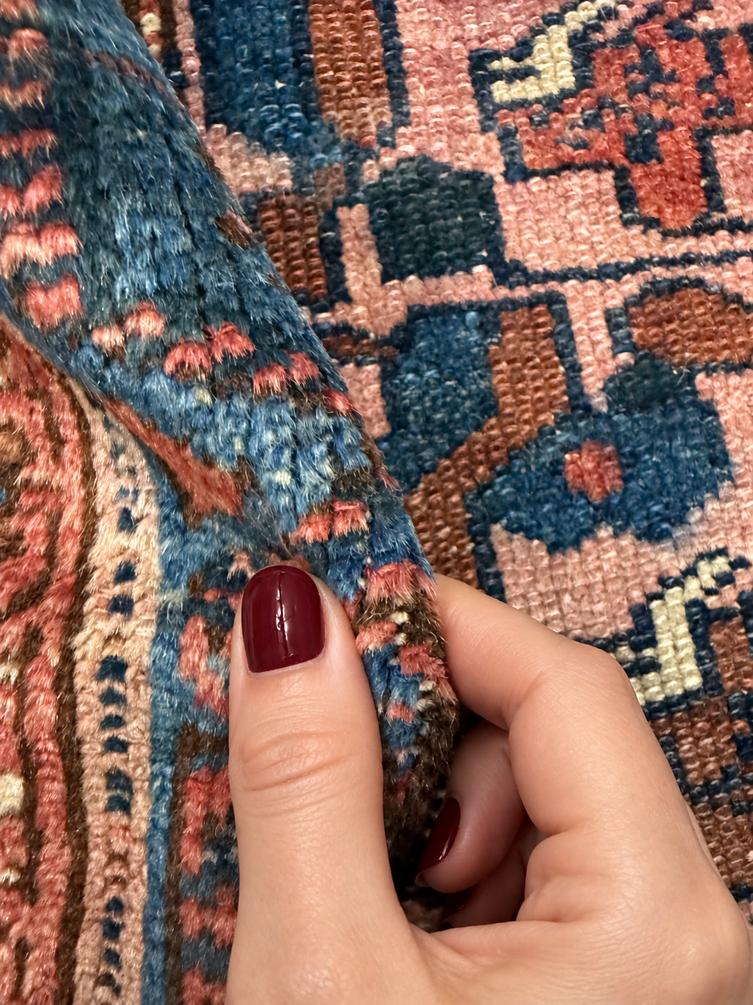 Vintage Varamin Rug — Repeating Florals on Dark Blue. Rug pile and texture detail; SKU ES 50408; source IMG_7691.
