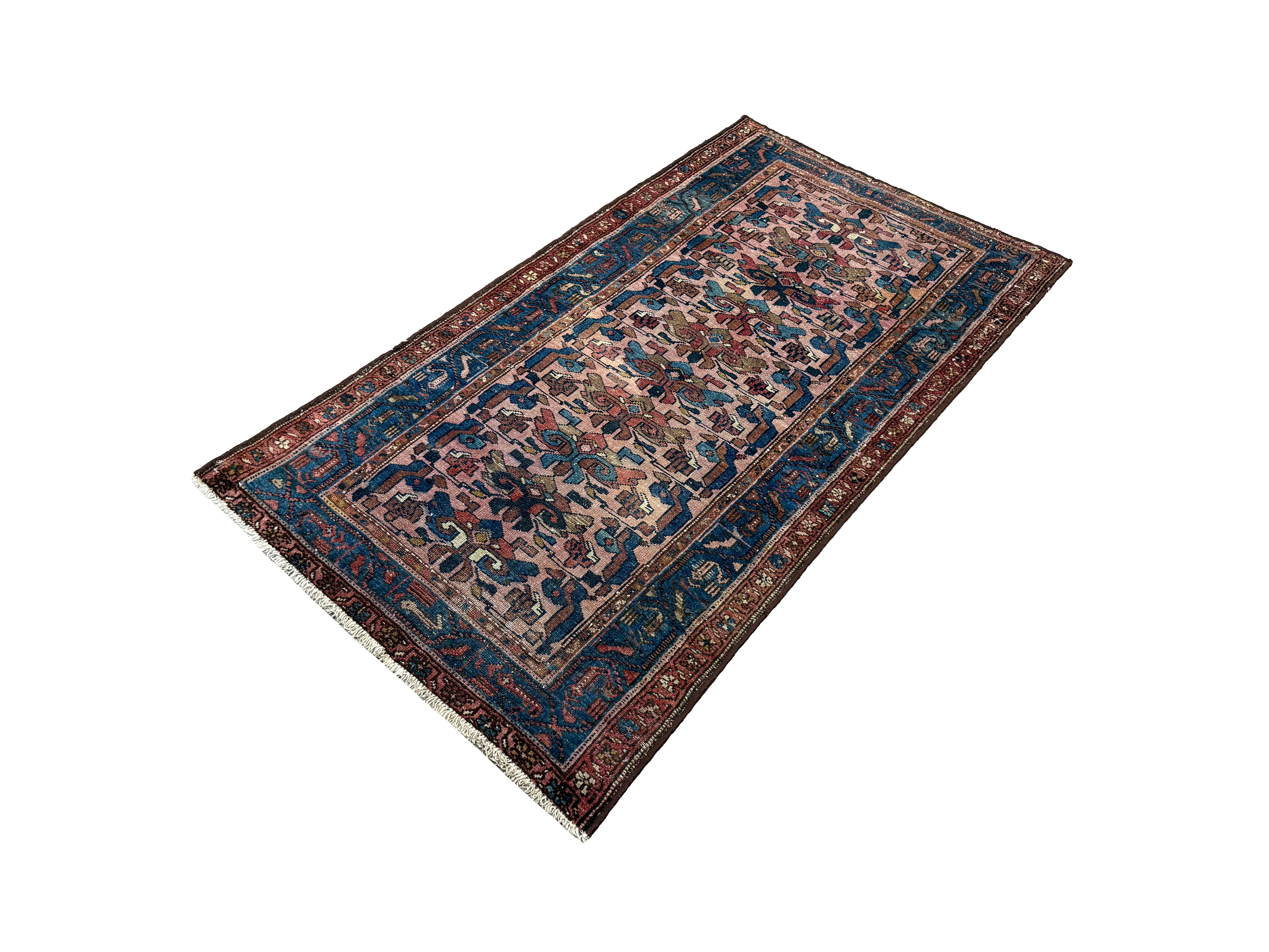 Vintage Varamin Rug, angled view showing the full field and borders, hand-knotted wool pile. SKU ES 50408.