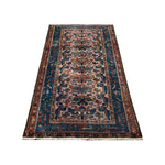 Vintage Varamin Rug, full rug in perspective showing the patterned field and borders, hand-knotted wool pile. SKU ES 50408.