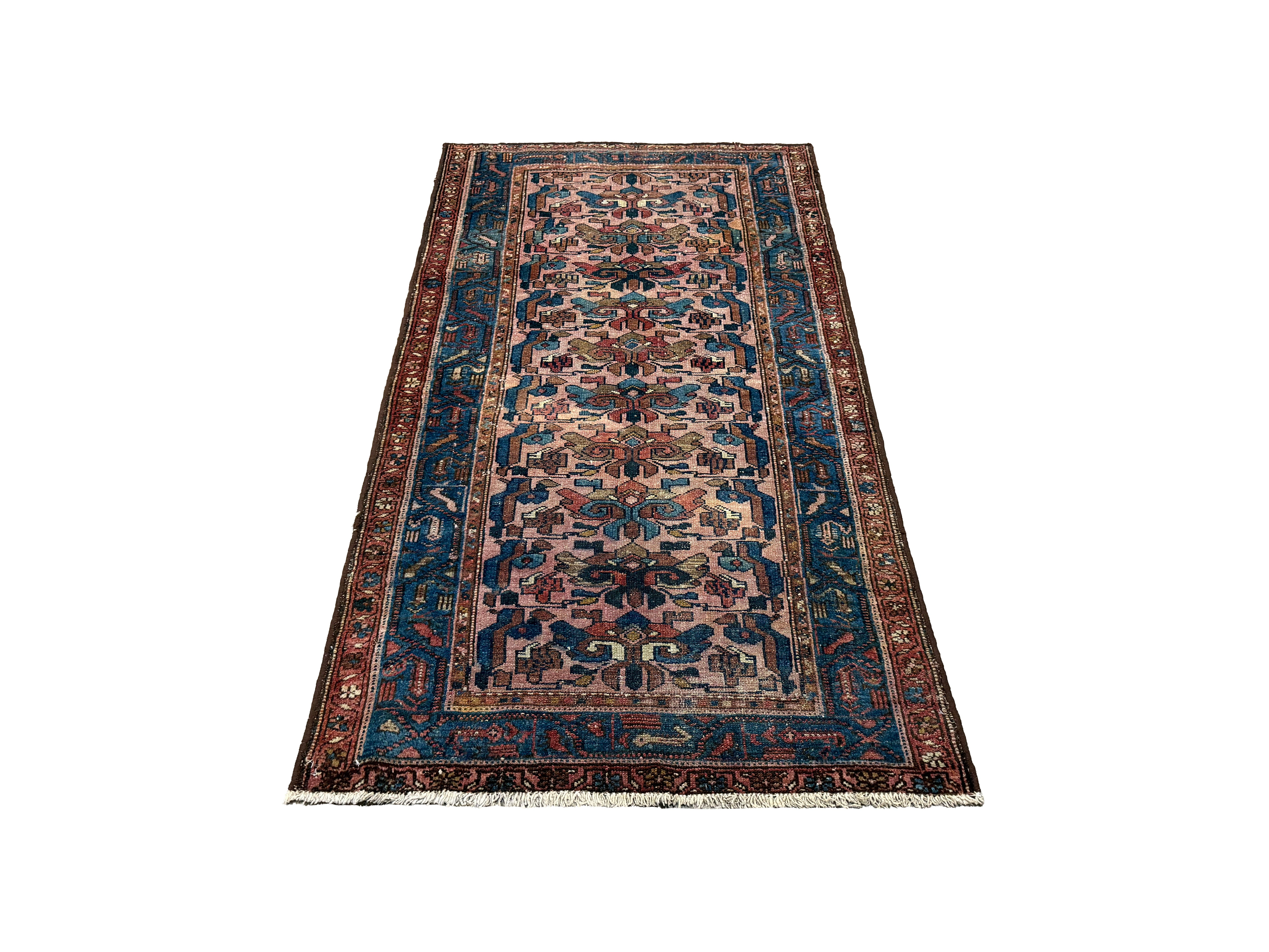 Vintage Varamin Rug, full rug in perspective showing the patterned field and borders, hand-knotted wool pile. SKU ES 50408.
