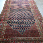 Persian Malayer rug with navy octagon center and red, cream, and teal borders