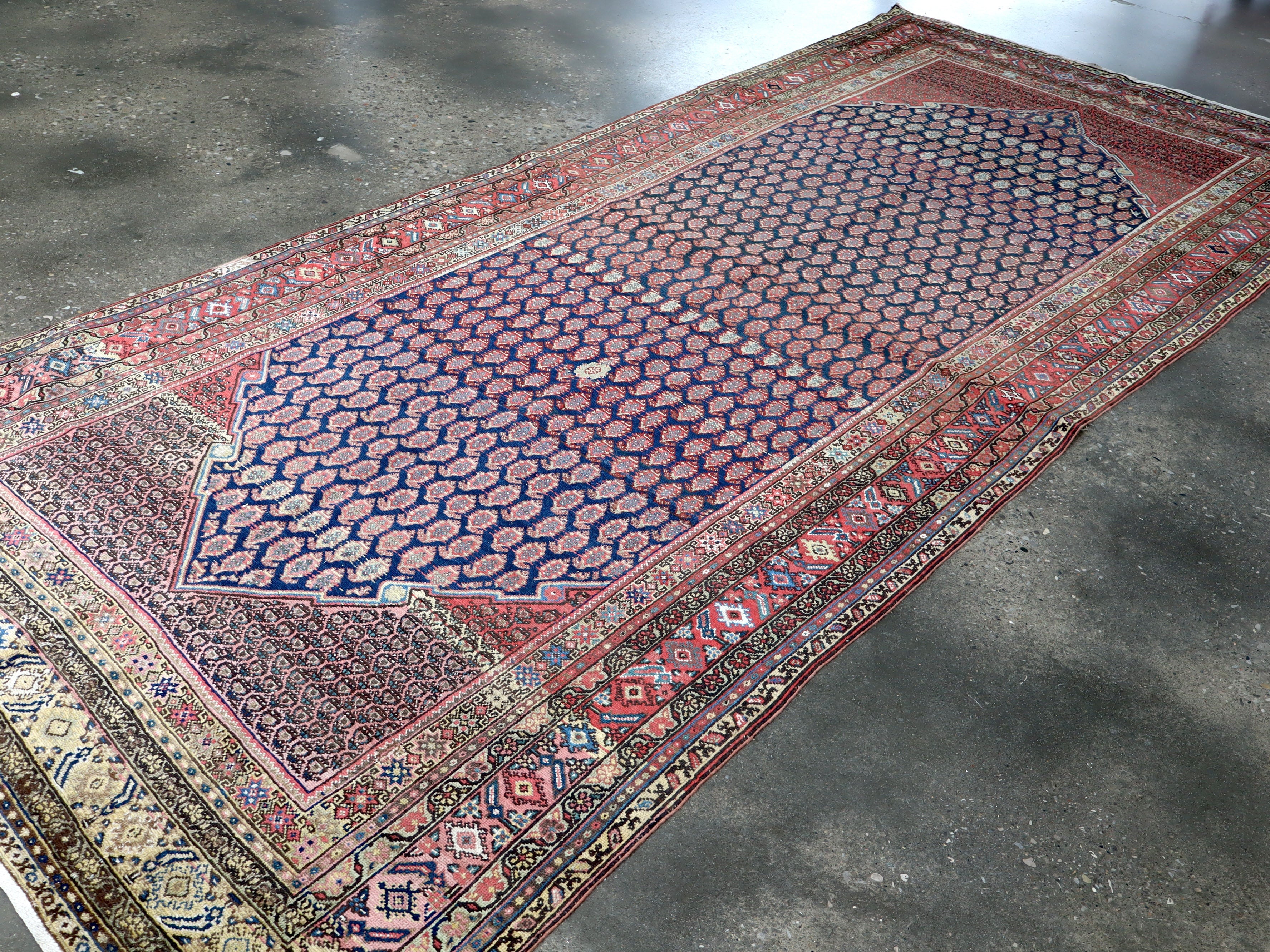 Persian Malayer rug flat view with navy center and red border with detailed trims