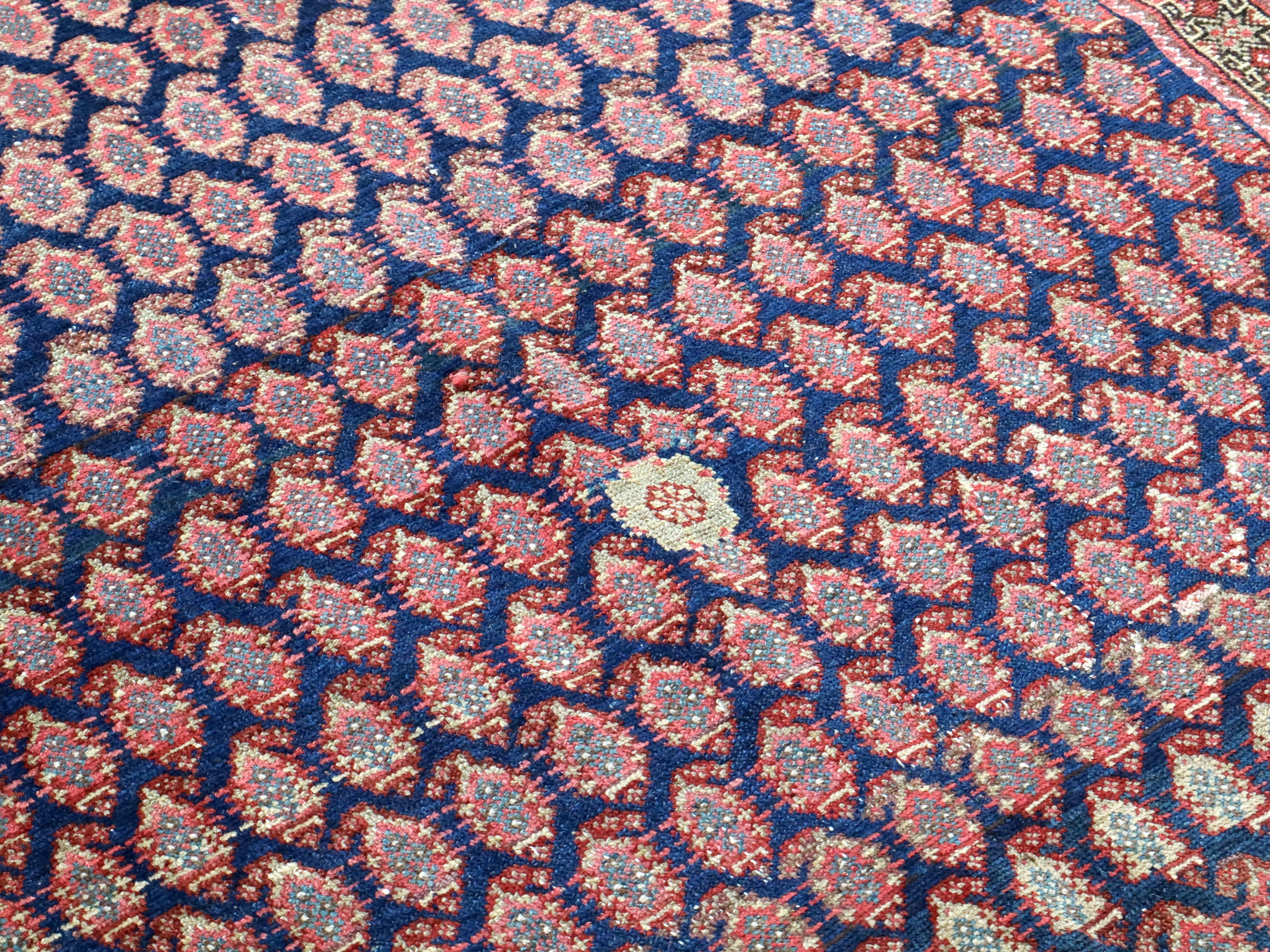 Close-up Persian Malayer rug navy geometric pattern with red and cream highlights