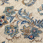 Persian Kashan rug all-over floral and leaf design on cream with blue and gold tones